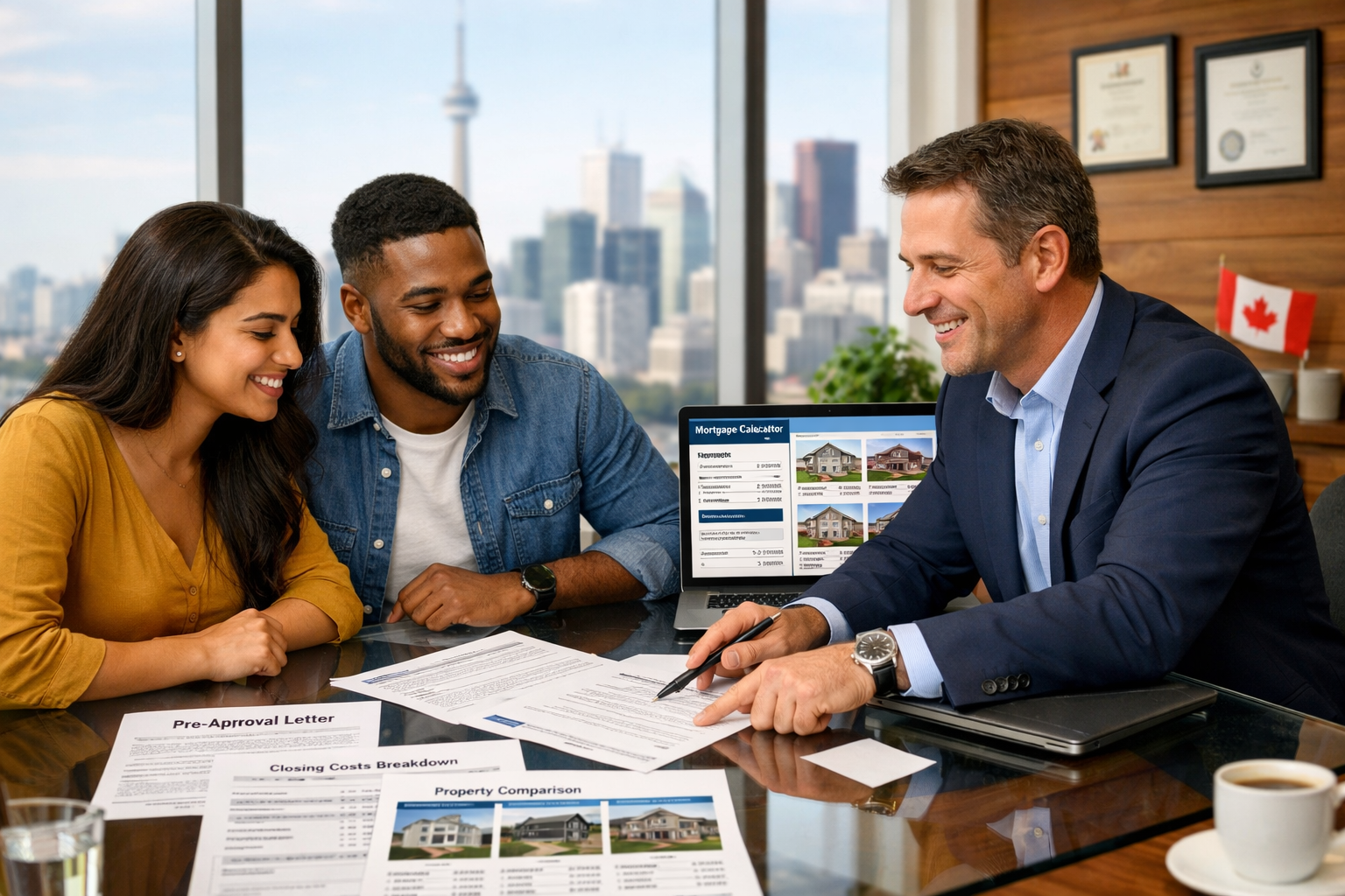 Landscape format (1536x1024) professional scene showing diverse first-time homebuyers meeting with mortgage broker in modern Toronto office.