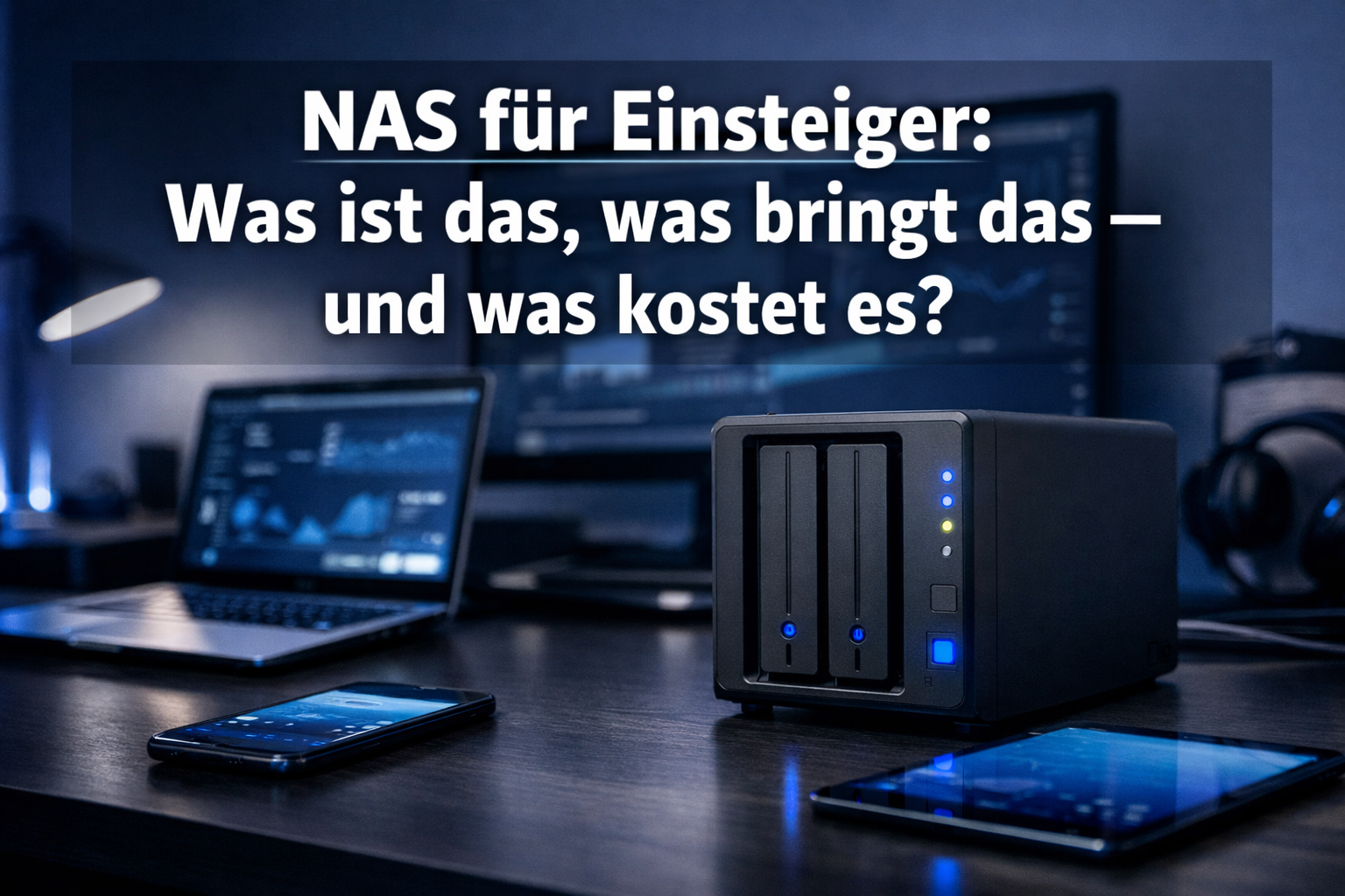 Professional () hero image with German 'NAS für Einsteiger: Was ist das, was bringt das – und was kostet es?' in extra large