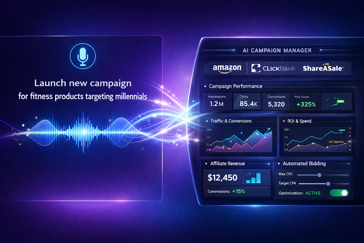 () editorial image showing split-screen composition: left side displays voice command interface with waveform visualization
