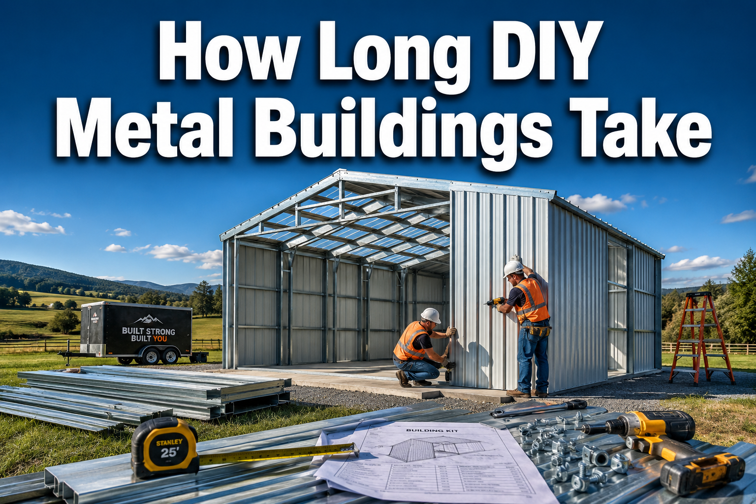 Professional () hero image with : 'How Long DIY Metal Buildings Take' in extra large white with dark drop , centered in