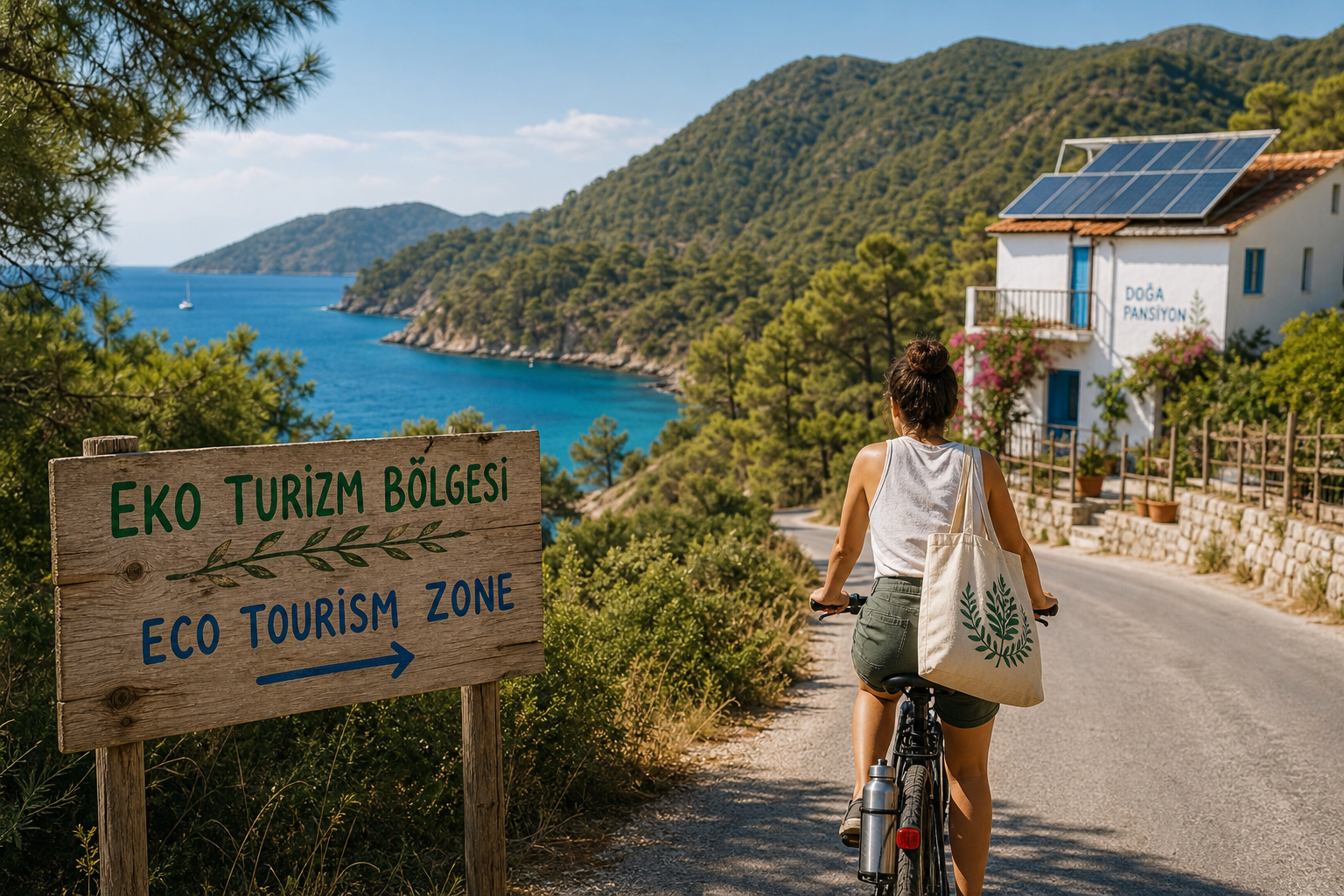 Eco-Friendly Travel in Turkey 2026: Sustainable Tourism Guide 1 Wide-angle editorial photograph of a solo traveler with a reusable water bottle and canvas tote bag cycling along a scenic