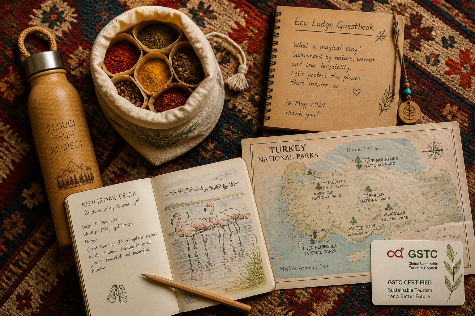Eco-Friendly Travel in Turkey 2026: Sustainable Tourism Guide 2 Overhead flat-lay editorial photograph of sustainable travel essentials arranged on a Turkish kilim rug: a reusable bamboo