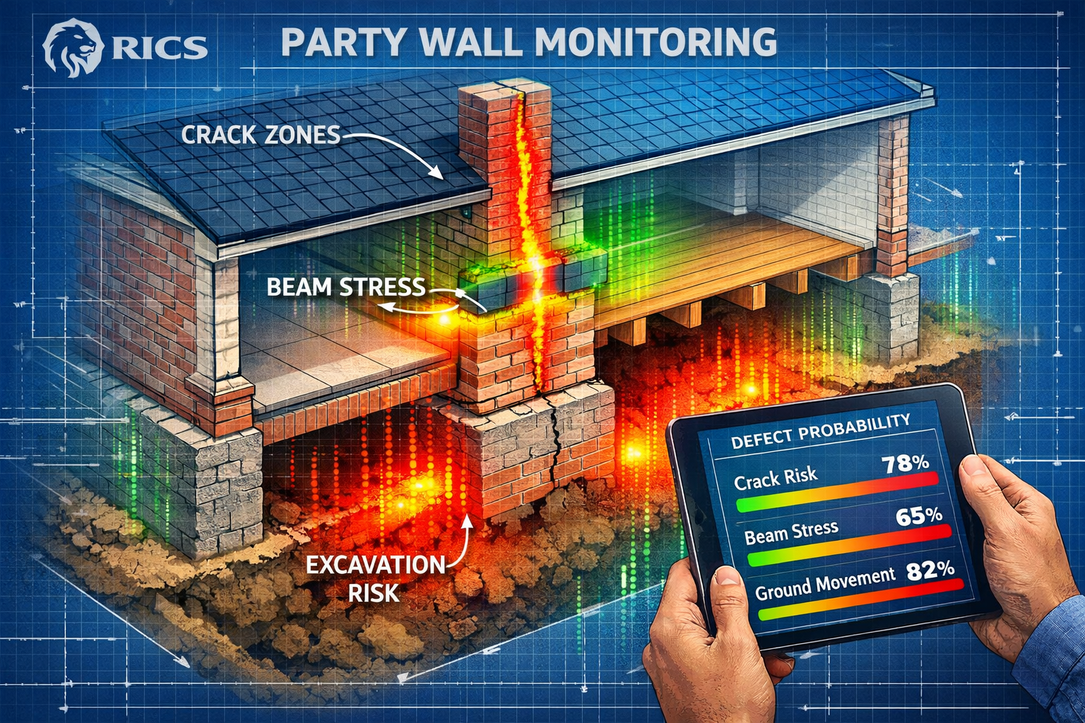 () editorial illustration showing a close-up bird's-eye view of a party wall cross-section diagram with AI heat-map overlays