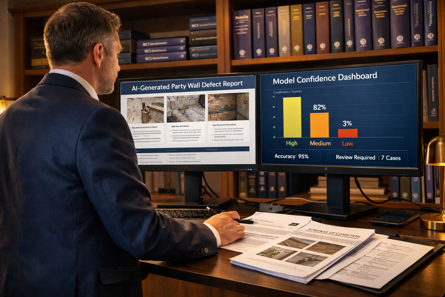 () showing a formal boardroom-style scene from a low angle perspective: a RICS-certified chartered surveyor at a standing