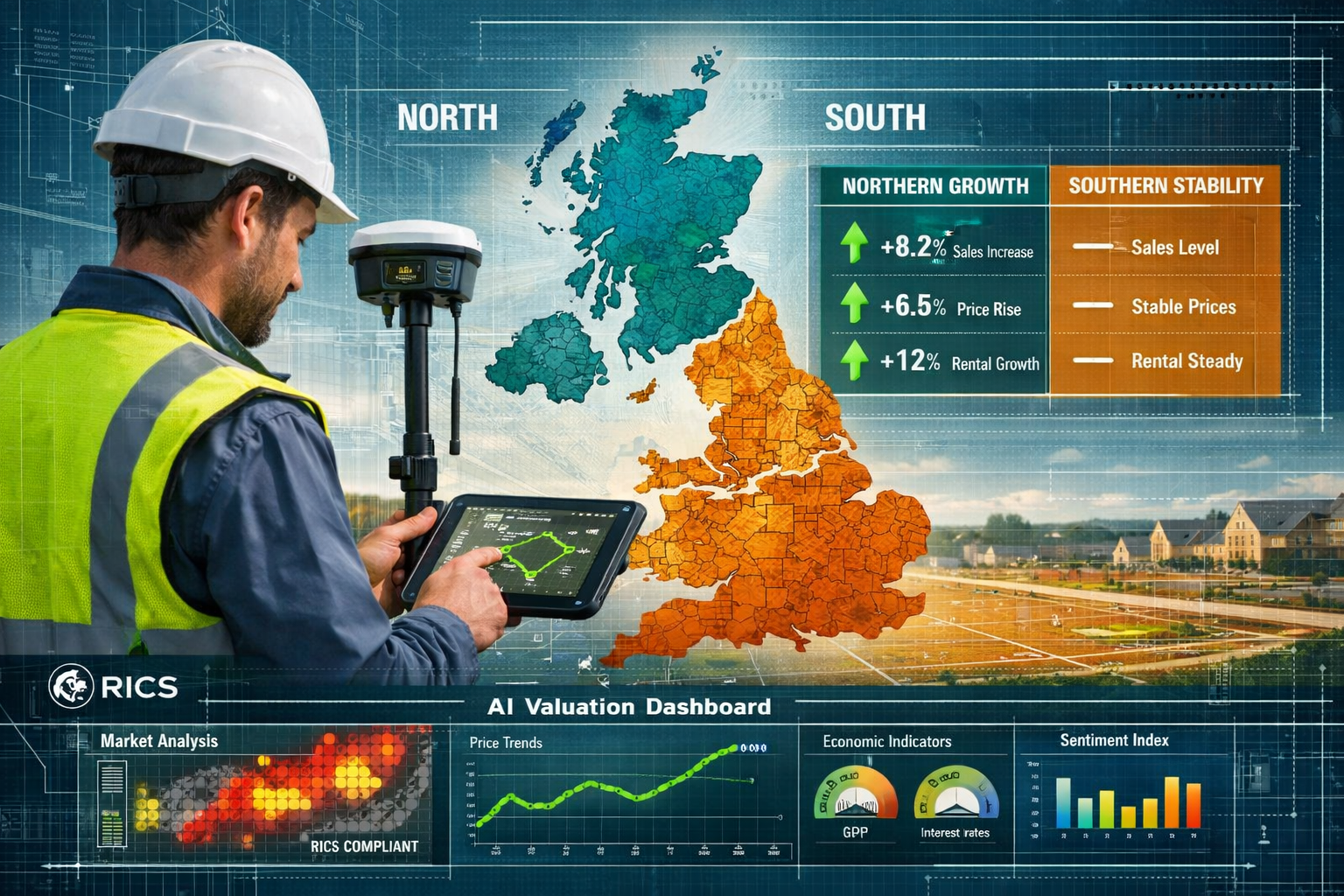 Detailed landscape format (1536x1024) image showing modern surveyor using advanced RTK GNSS equipment with tablet displaying real-time prope