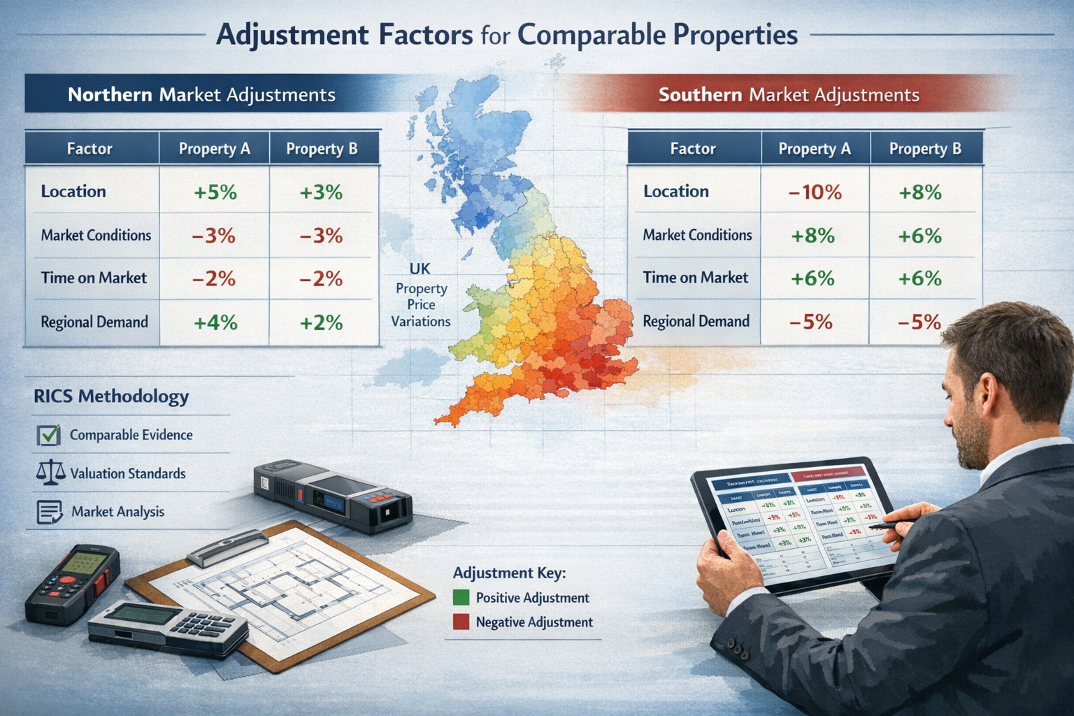 Comprehensive landscape format (1536x1024) infographic showcasing adjustment matrices for comparable properties across Northern and Southern