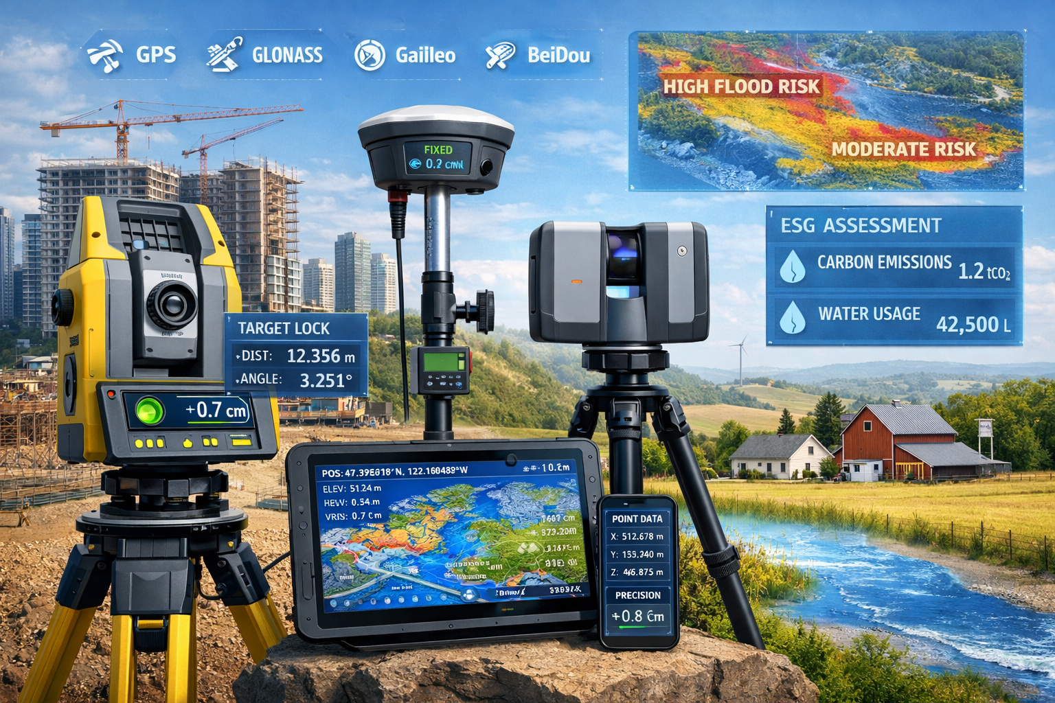 Detailed landscape format (1536x1024) image showing advanced surveying technology suite including total stations, GPS multi-constellation tr