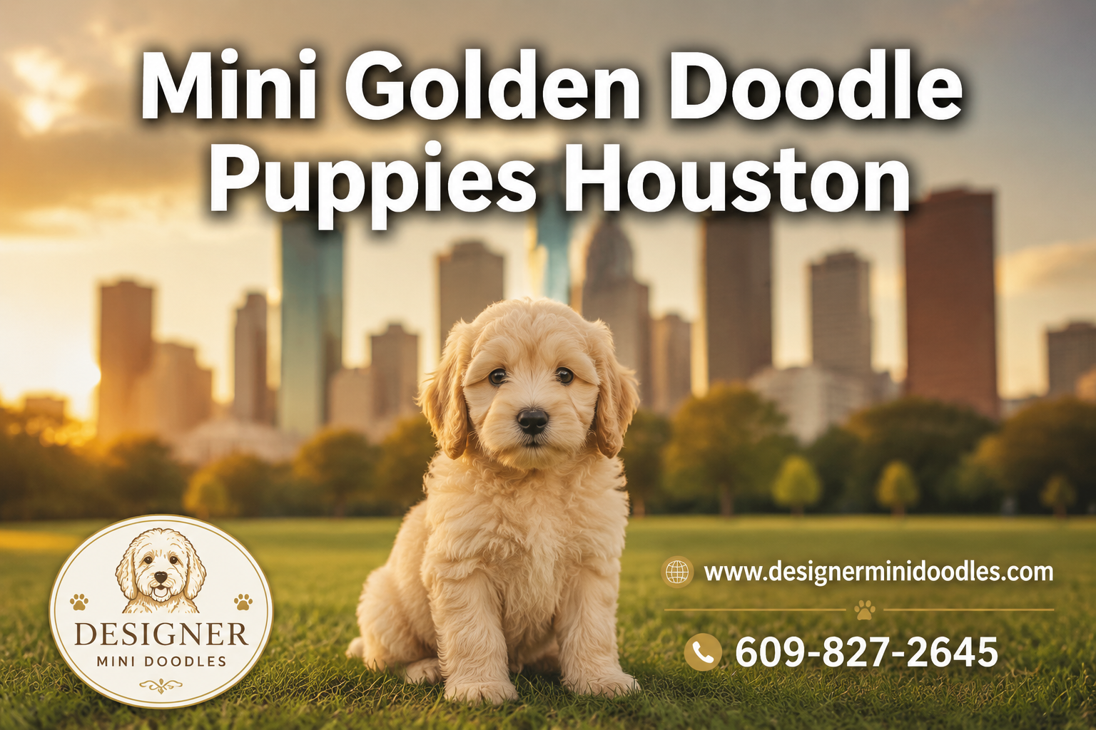 Professional () hero image featuring 'Mini Golden Doodle Puppies Houston' in extra large white with dark effect, centered in