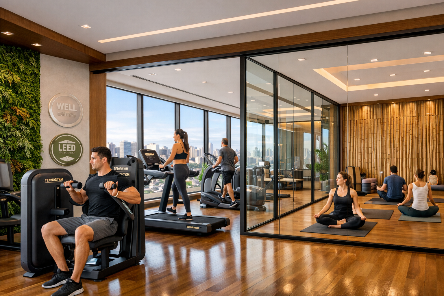 () image showing a luxurious residential wellness center interior in São Paulo with expansive floor-to-ceiling windows