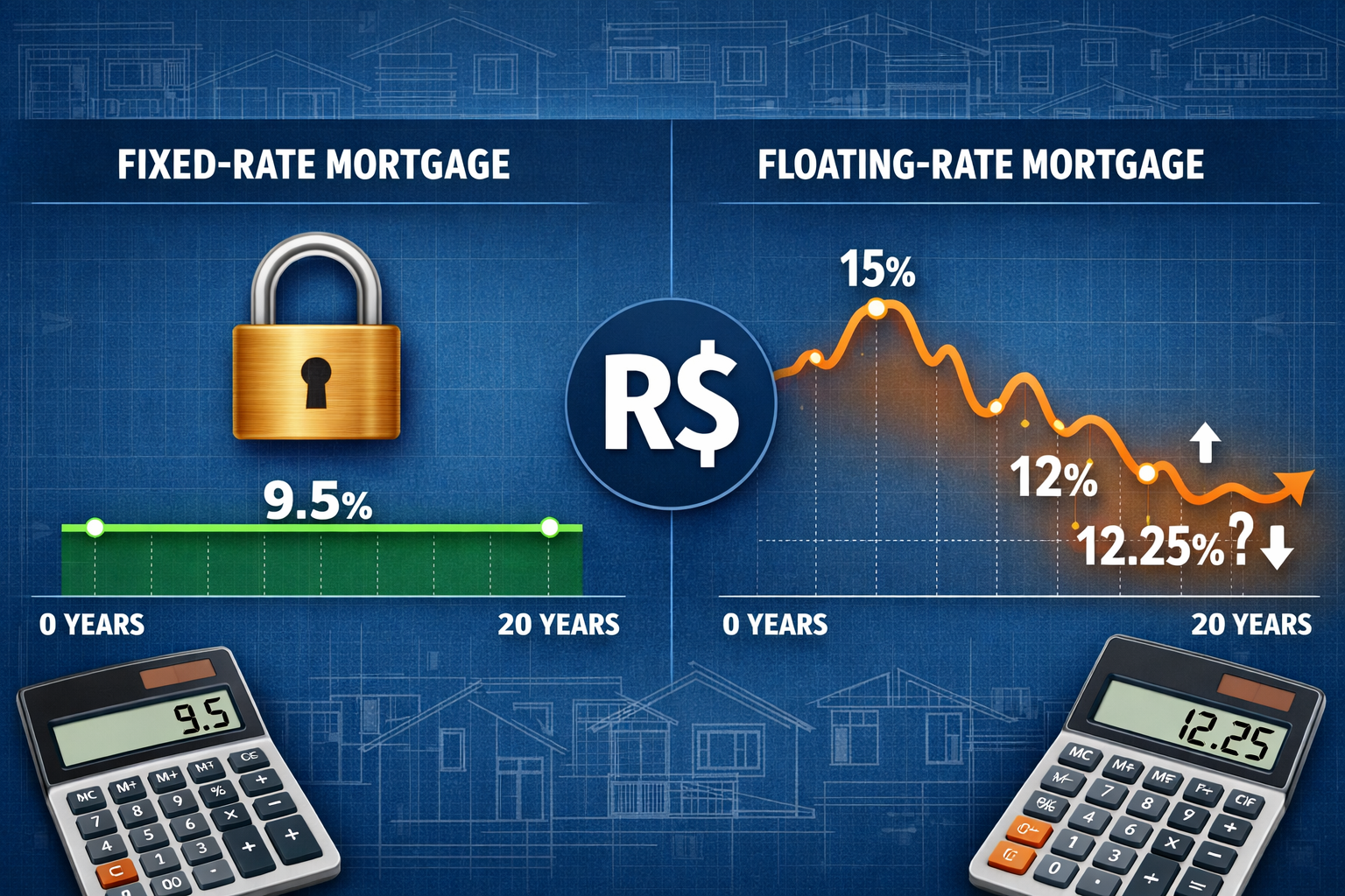 () editorial image showing side-by-side comparison infographic of fixed-rate versus floating-rate mortgage structures. Left
