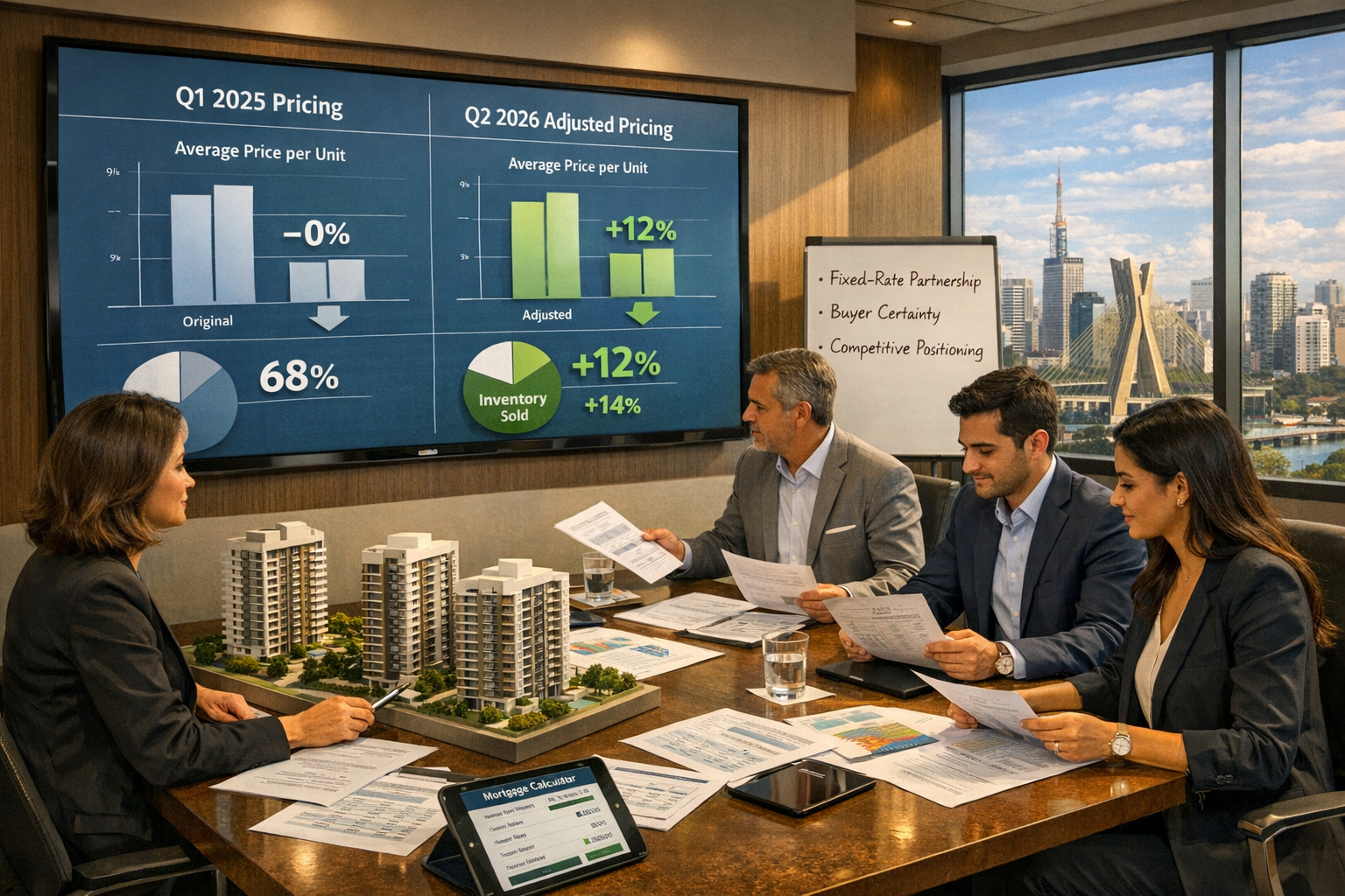 () detailed scene inside modern Brazilian real estate developer office showing strategy meeting. Large wall-mounted monitor