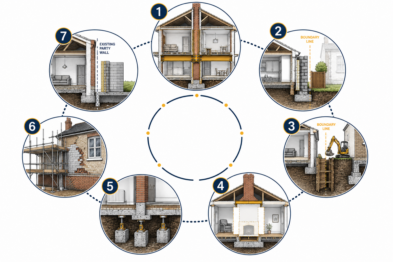 Aerial bird's-eye view illustration of seven distinct residential construction scenarios arranged in a circular infographic