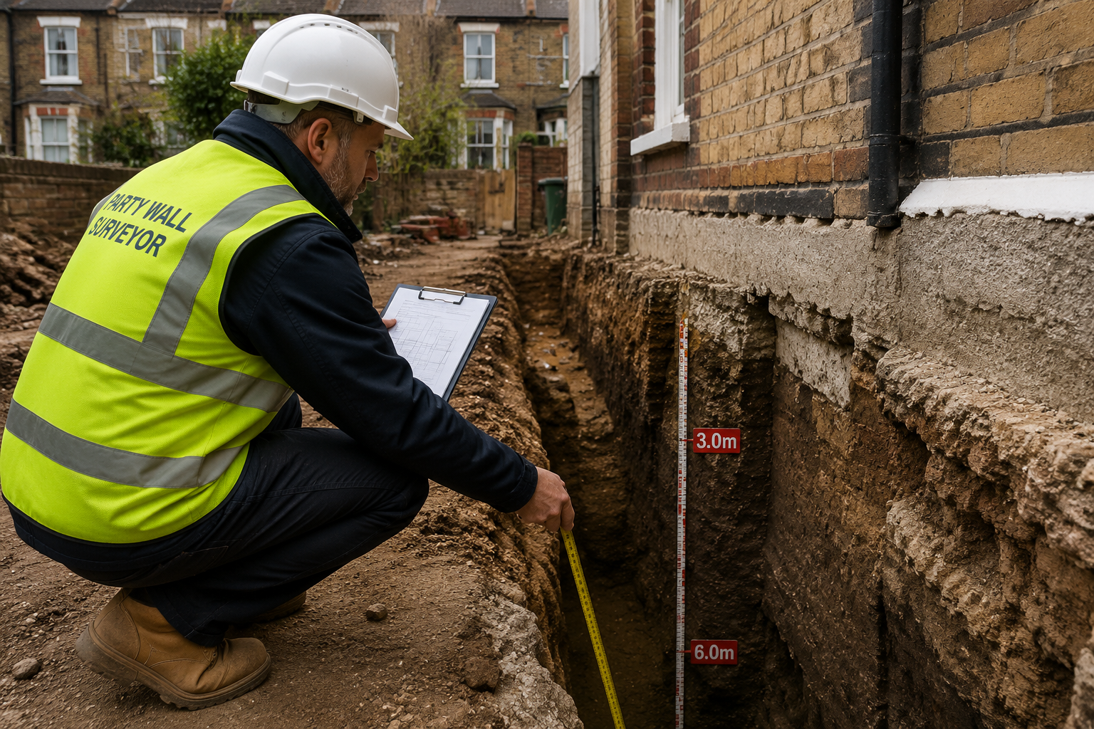 Close-up ground-level photograph of a professional party wall surveyor in a hard hat and hi-vis vest crouching beside a deep