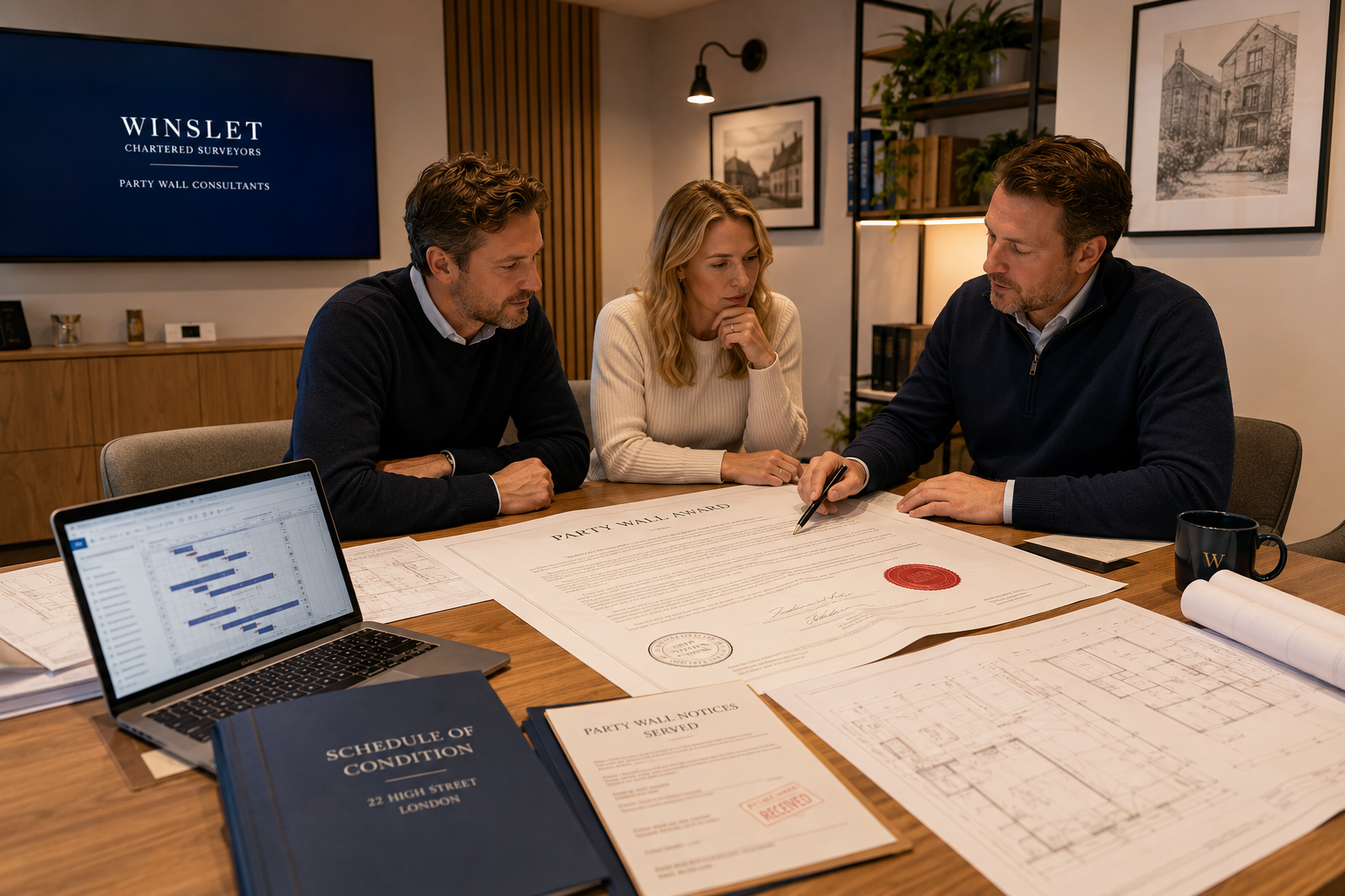 Wide-angle interior shot of a modern meeting room where two property owners and a party wall surveyor review a large party