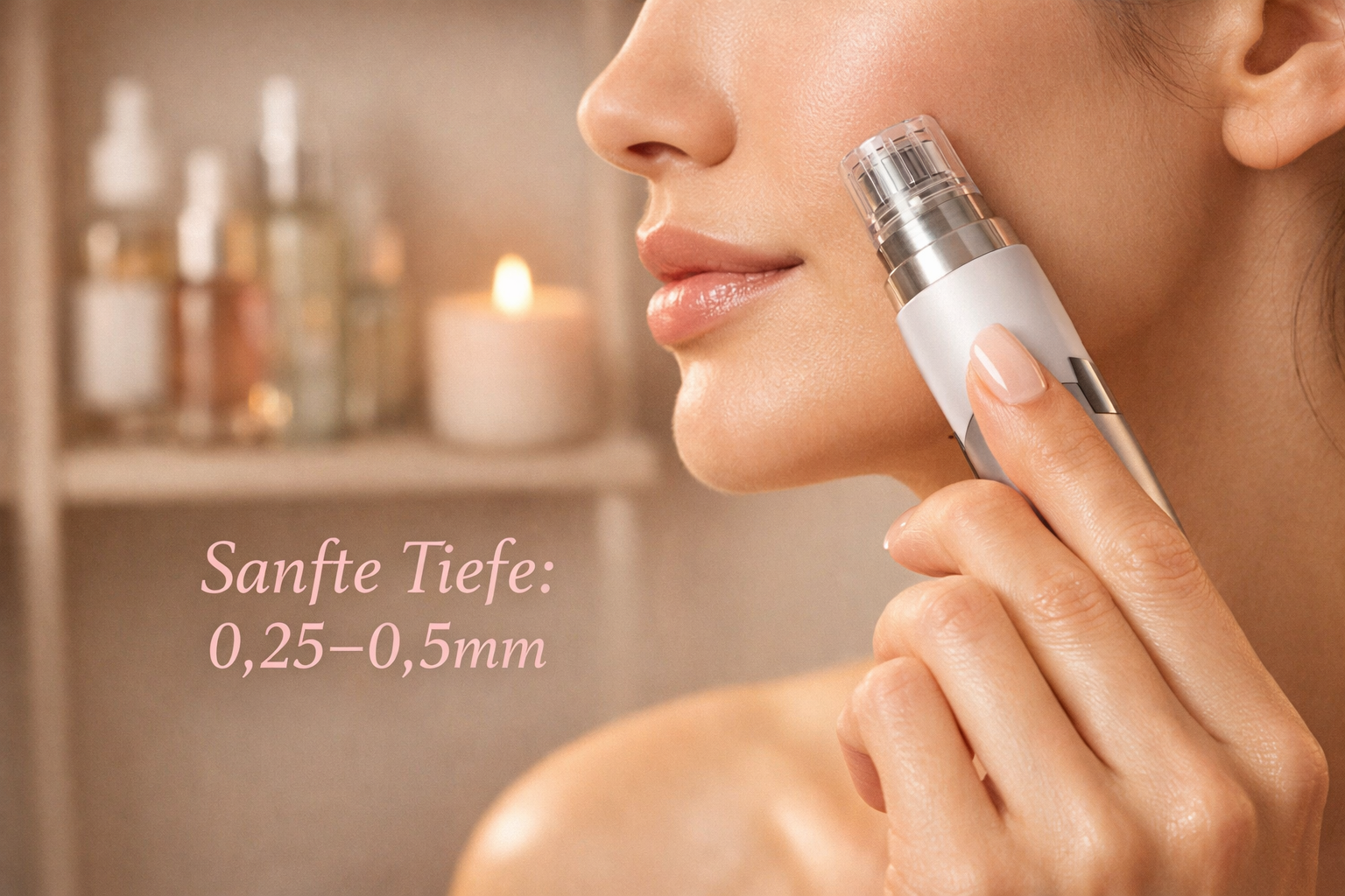 Querformat () Nahaufnahme einer eleganten weiblichen Hand, die einen modernen Microneedling-Stamp sanft auf die Wange hält,