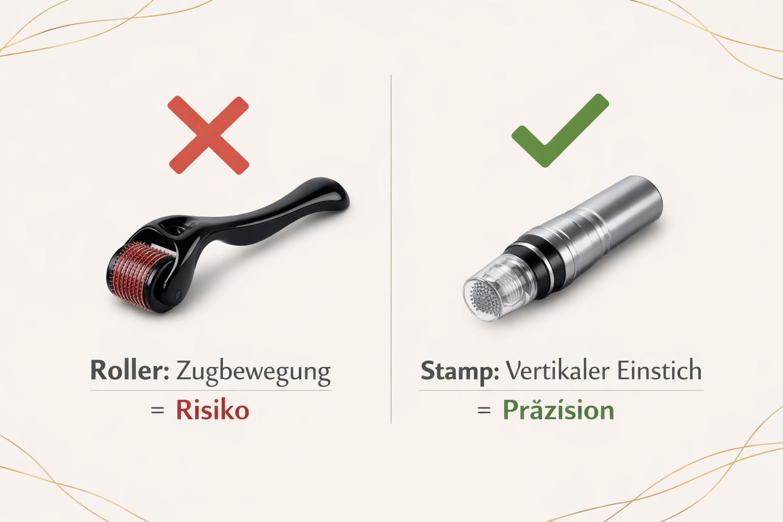 Querformat () Vergleichsinfografik im minimalistischen Design: Links ein Dermaroller mit rotem X-Symbol, rechts ein