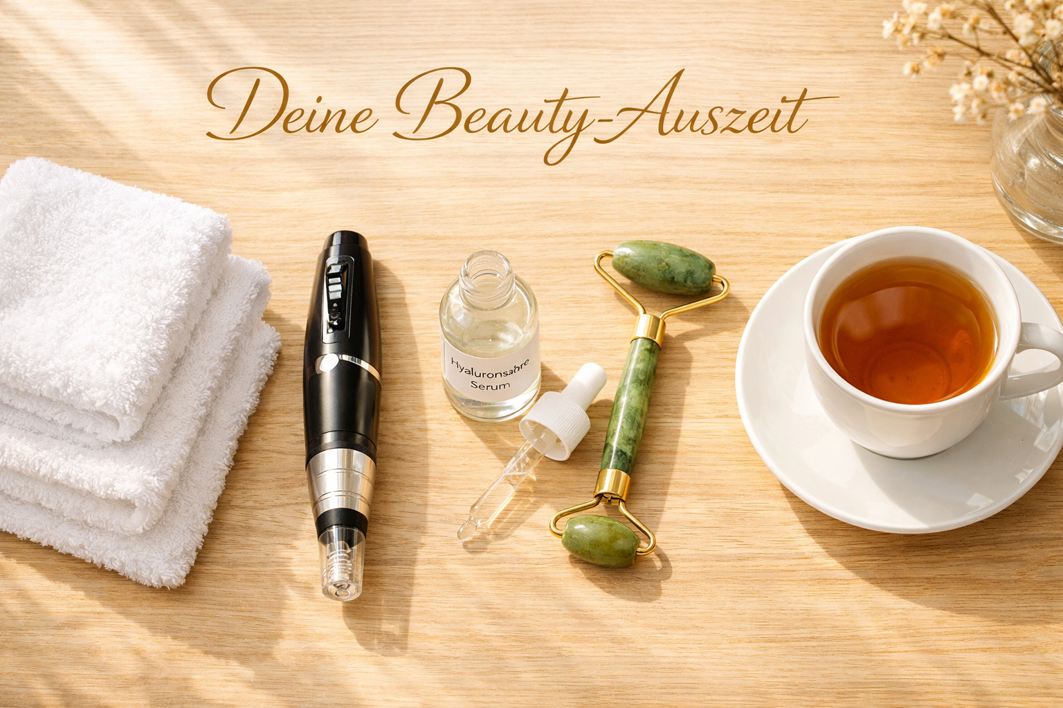Querformat () Vogelperspektive auf eine stilvolle Selfcare-Szene: Microneedling-Pen neben geöffnetem Hyaluronsäure-Serum,