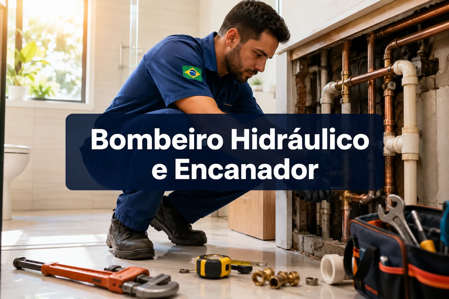 Professional () hero image with (≤42 chars): 'Bombeiro Hidráulico e Encanador', white centered on a deep navy