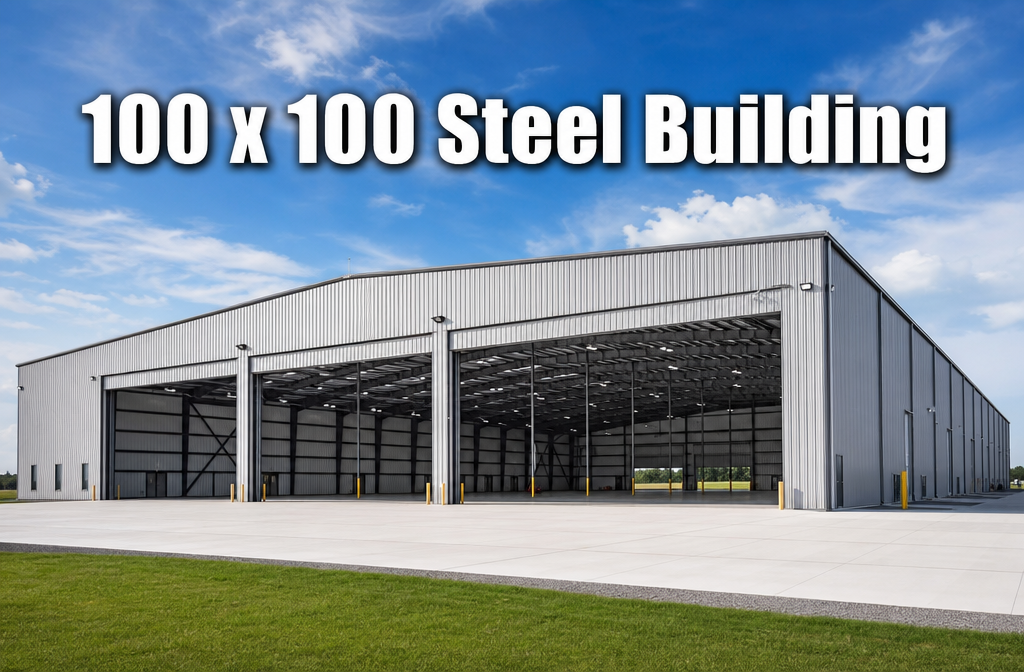 Professional () hero image with : ' Steel Building' in extra large white with dark drop , centered in upper third of frame.
