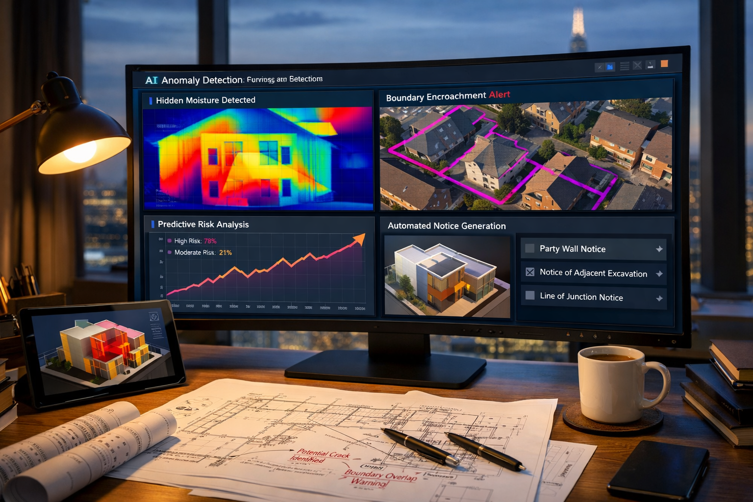 Detailed () image depicting modern surveyor's office workspace with large curved monitor displaying sophisticated AI anomaly