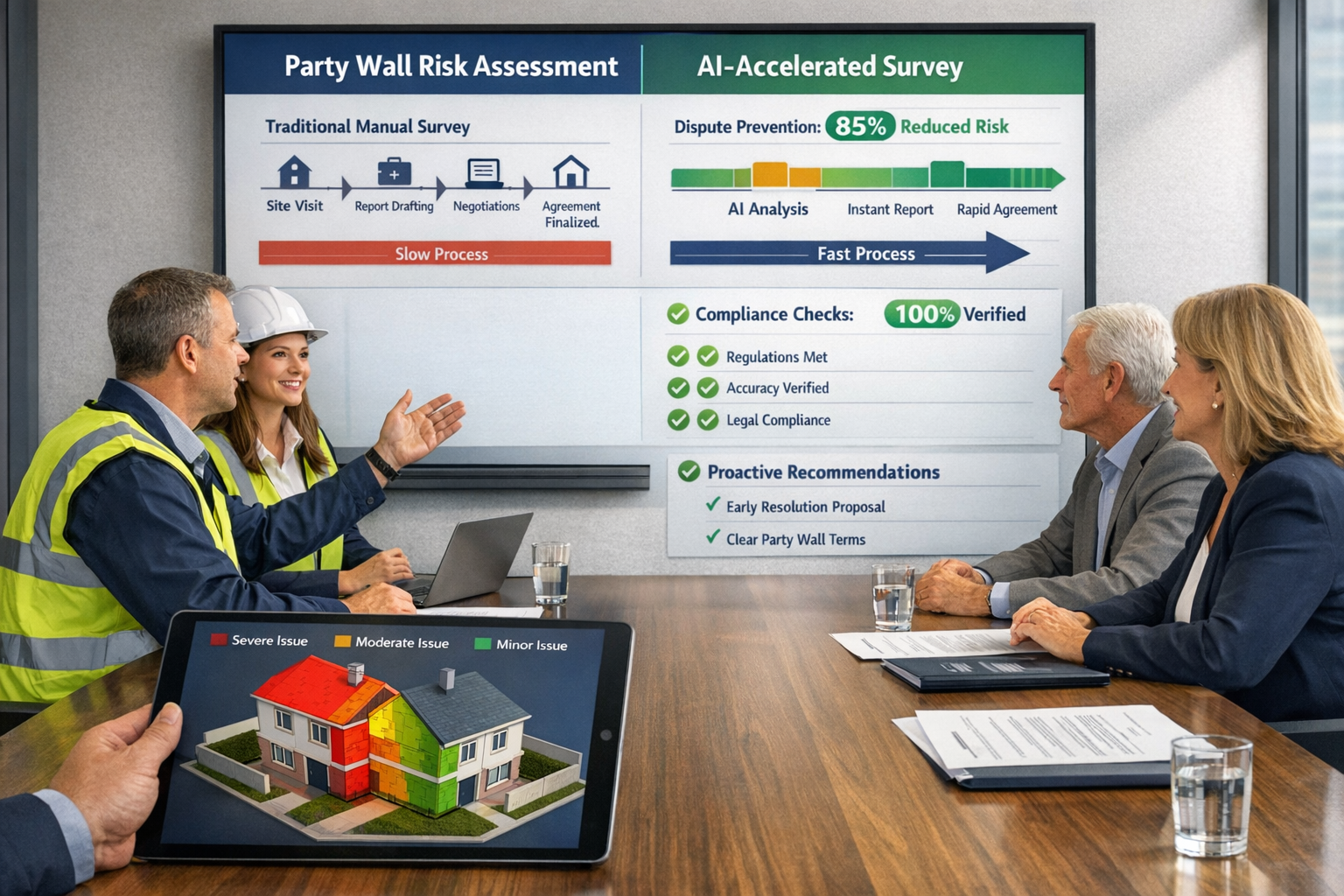 Detailed () image showing professional meeting scene with two surveyors presenting AI-generated party wall risk assessment