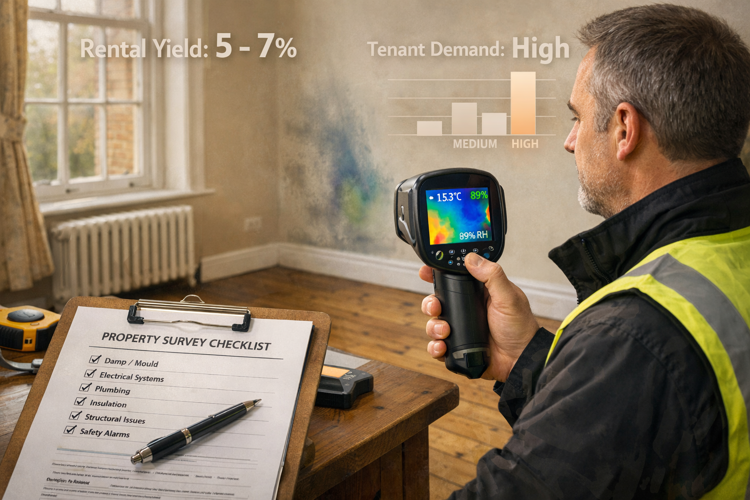 Detailed () image showing professional building surveyor conducting comprehensive property inspection inside rental