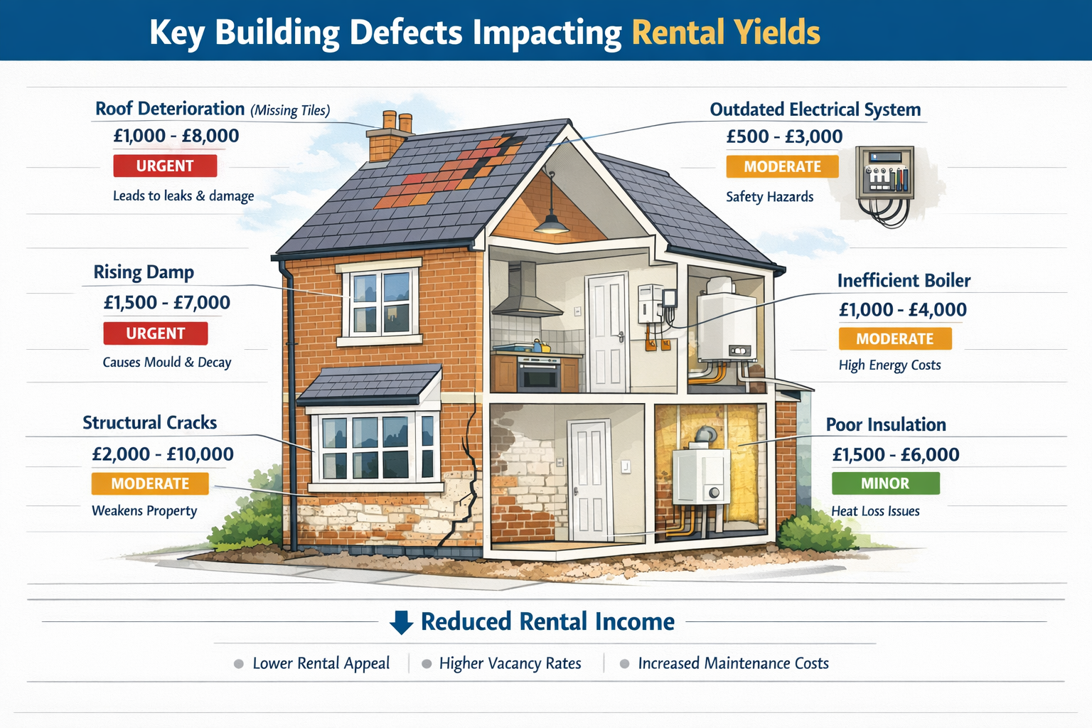 Comprehensive () infographic-style image displaying key building defects that impact rental yields. Visual shows cutaway