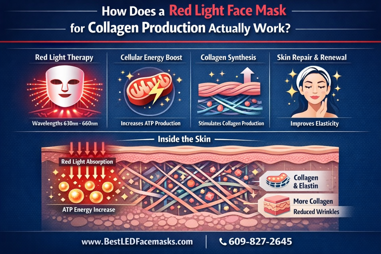 Professional infographic for article "Red Light Face Mask for Collagen Production: The Complete 2026 Guide", section: "How