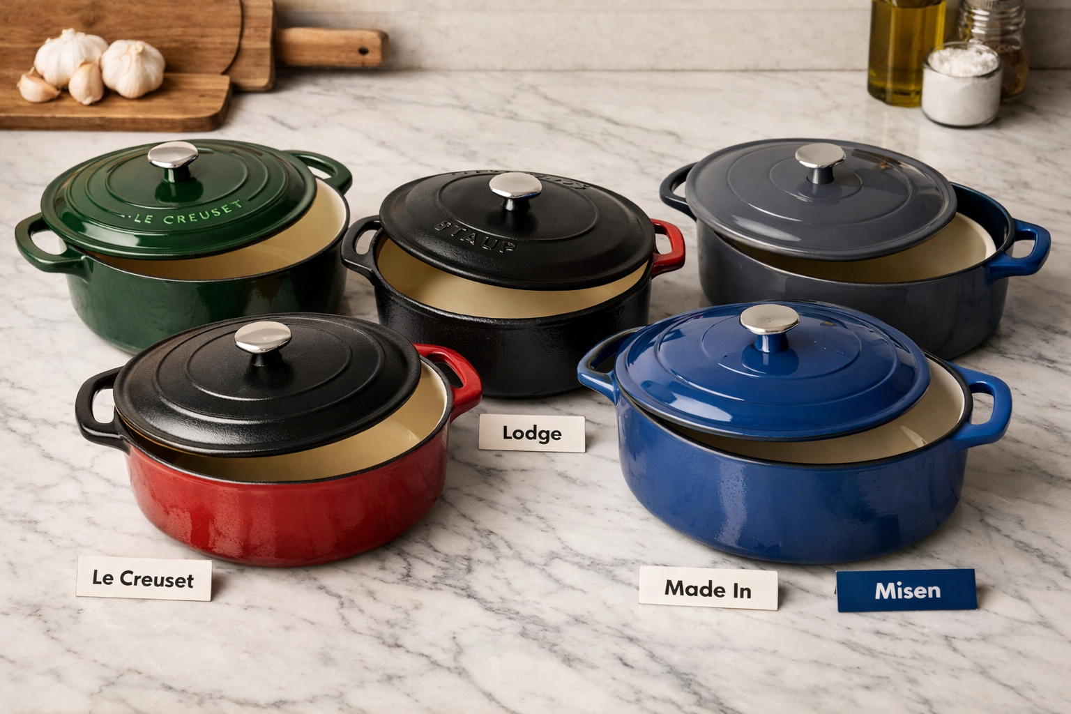 Detailed landscape format (1536x1024) editorial food photography showing a side-by-side comparison of five Dutch ovens from different brands