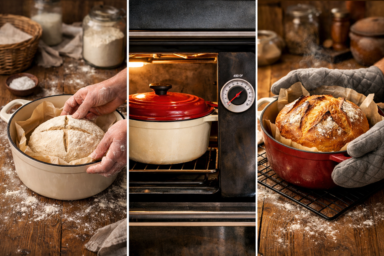 Detailed landscape format (1536x1024) step-by-step cooking scene showing a Dutch oven being used for artisan bread baking: left panel shows 