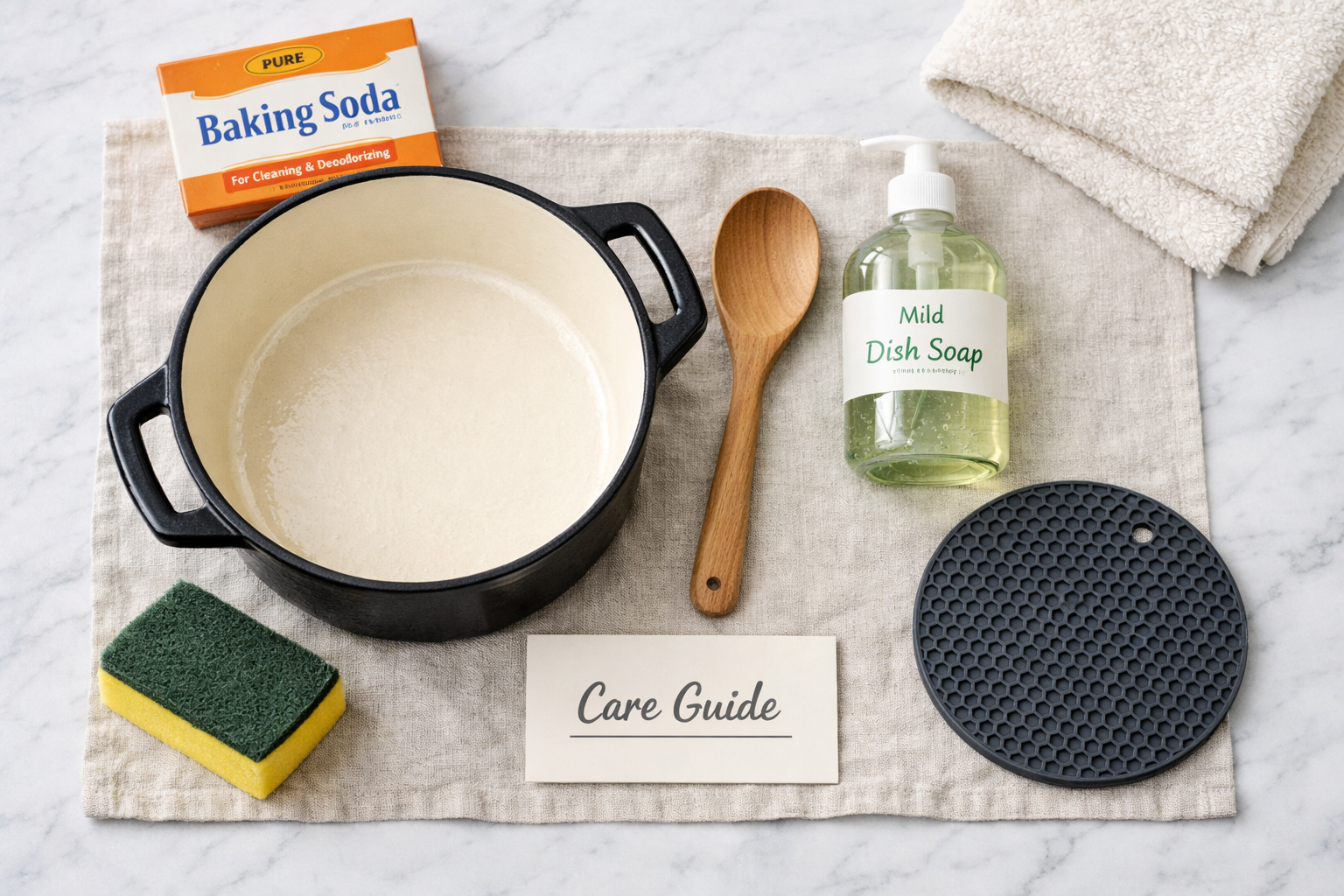 Detailed landscape format (1536x1024) flat lay maintenance guide image showing Dutch oven care essentials arranged neatly on a linen cloth: 