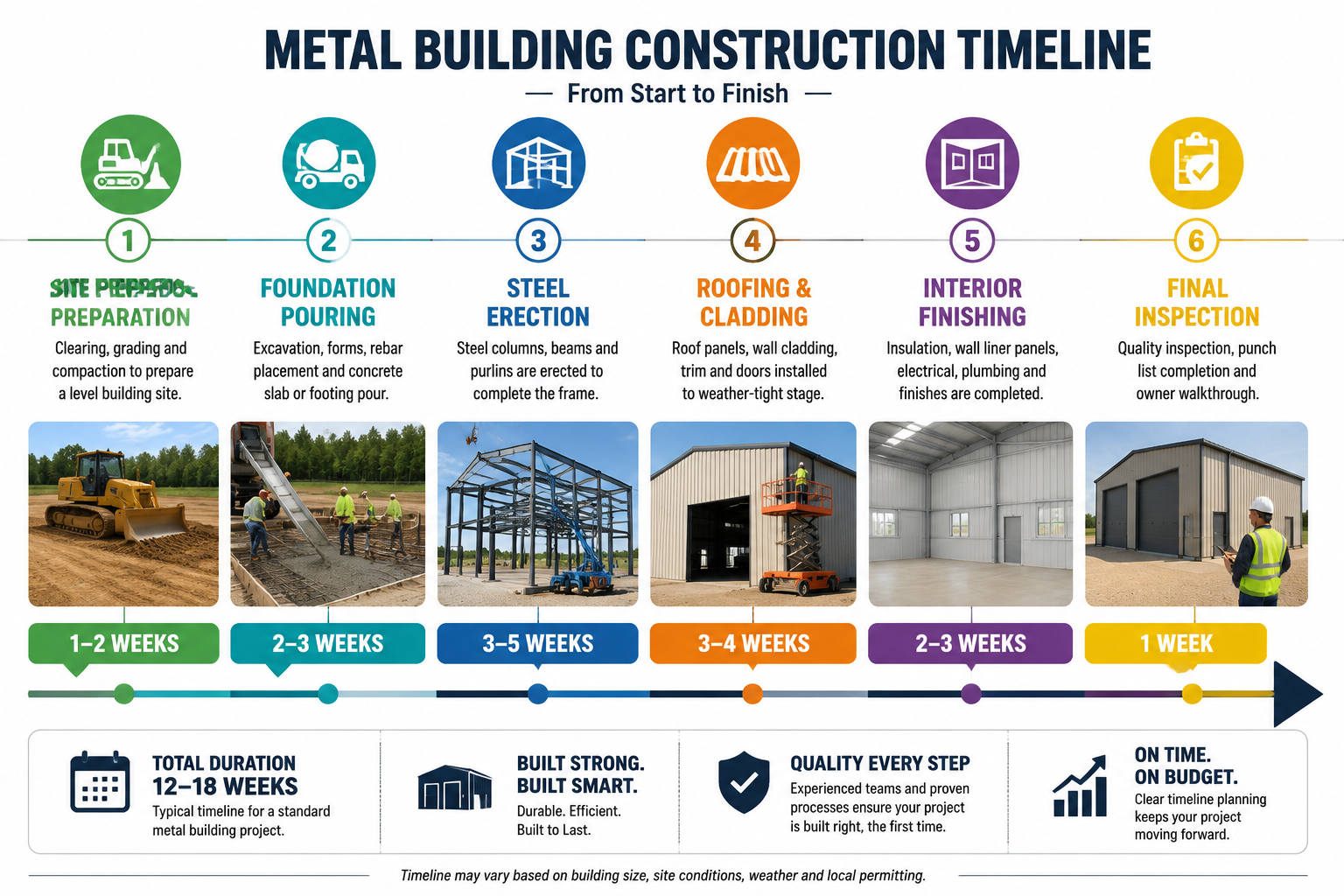 Detailed () informational infographic-style illustration showing a horizontal timeline of metal building construction