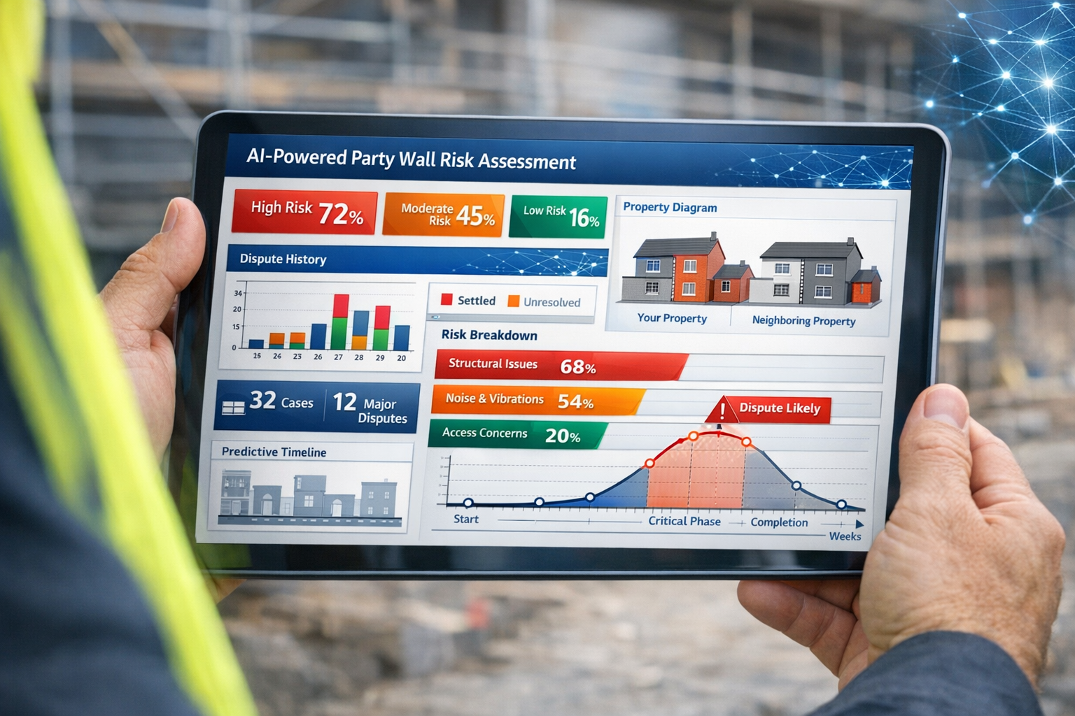 Detailed () image showing close-up of surveyor's hands holding digital tablet displaying AI-powered party wall risk