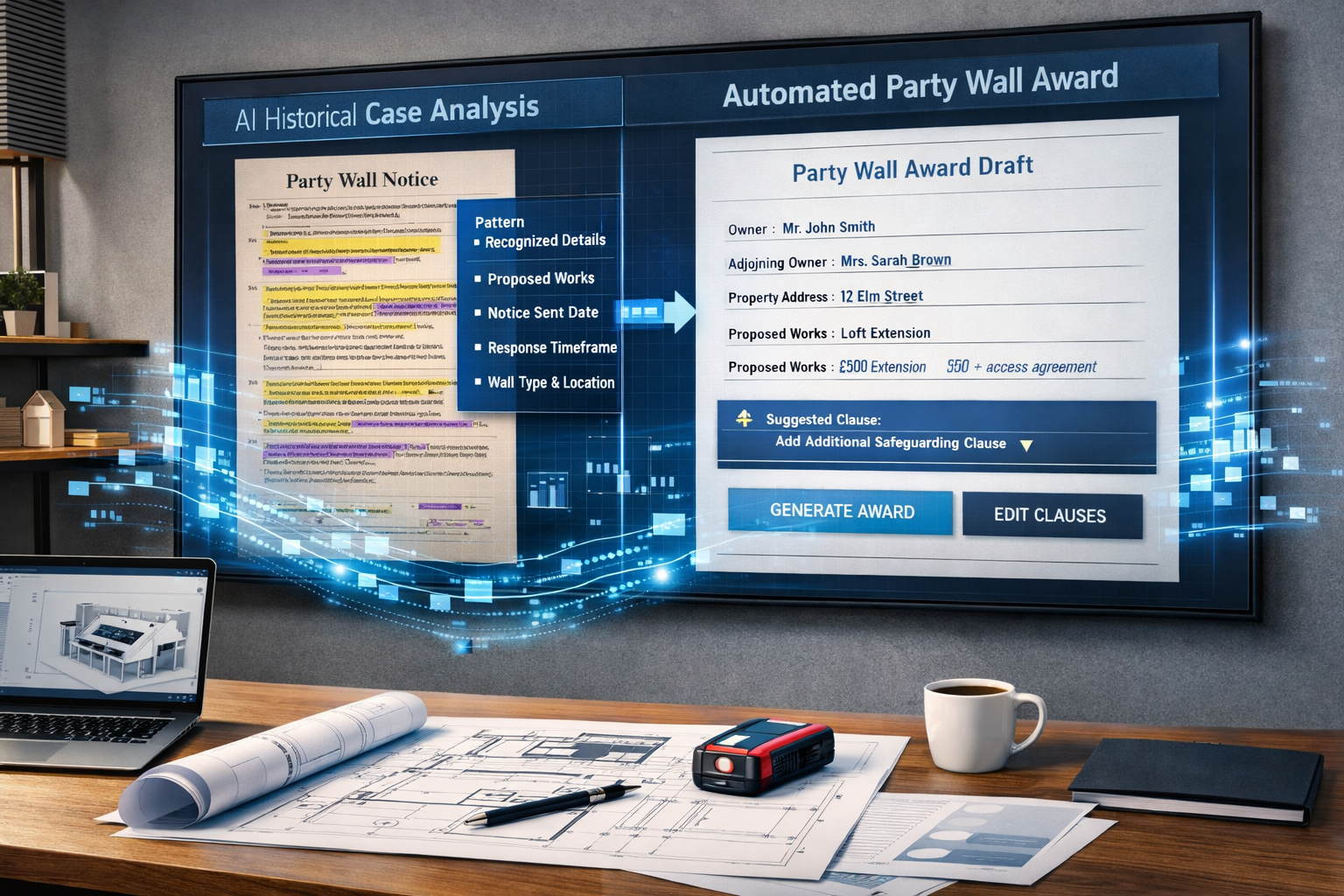 Wide-angle () image depicting modern surveyor's office workspace with large wall-mounted display showing automated party