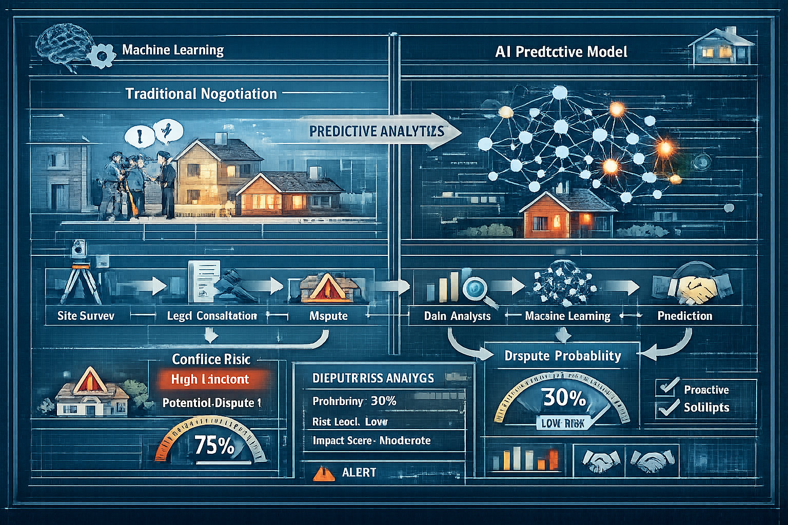 A detailed, right side with AI predictive model. Use digital blueprint aesthetic with transparent data layers, machine