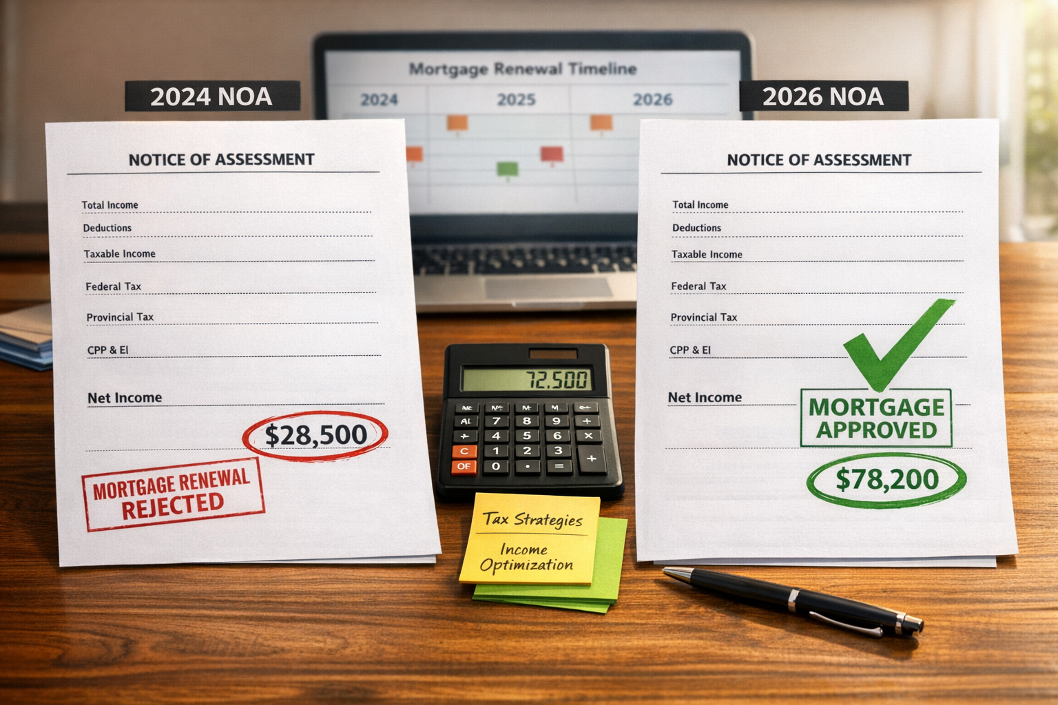 () editorial image showing split-screen comparison of two Notice of Assessment documents side by side on wooden desk