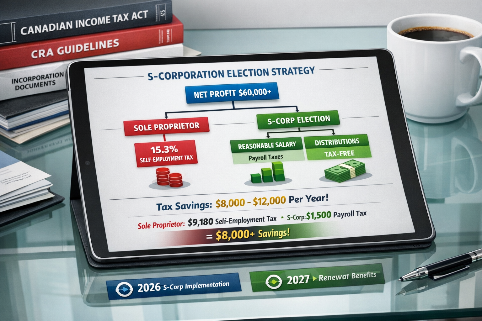 () detailed infographic-style image displaying S-Corporation election strategy flowchart on modern digital tablet screen