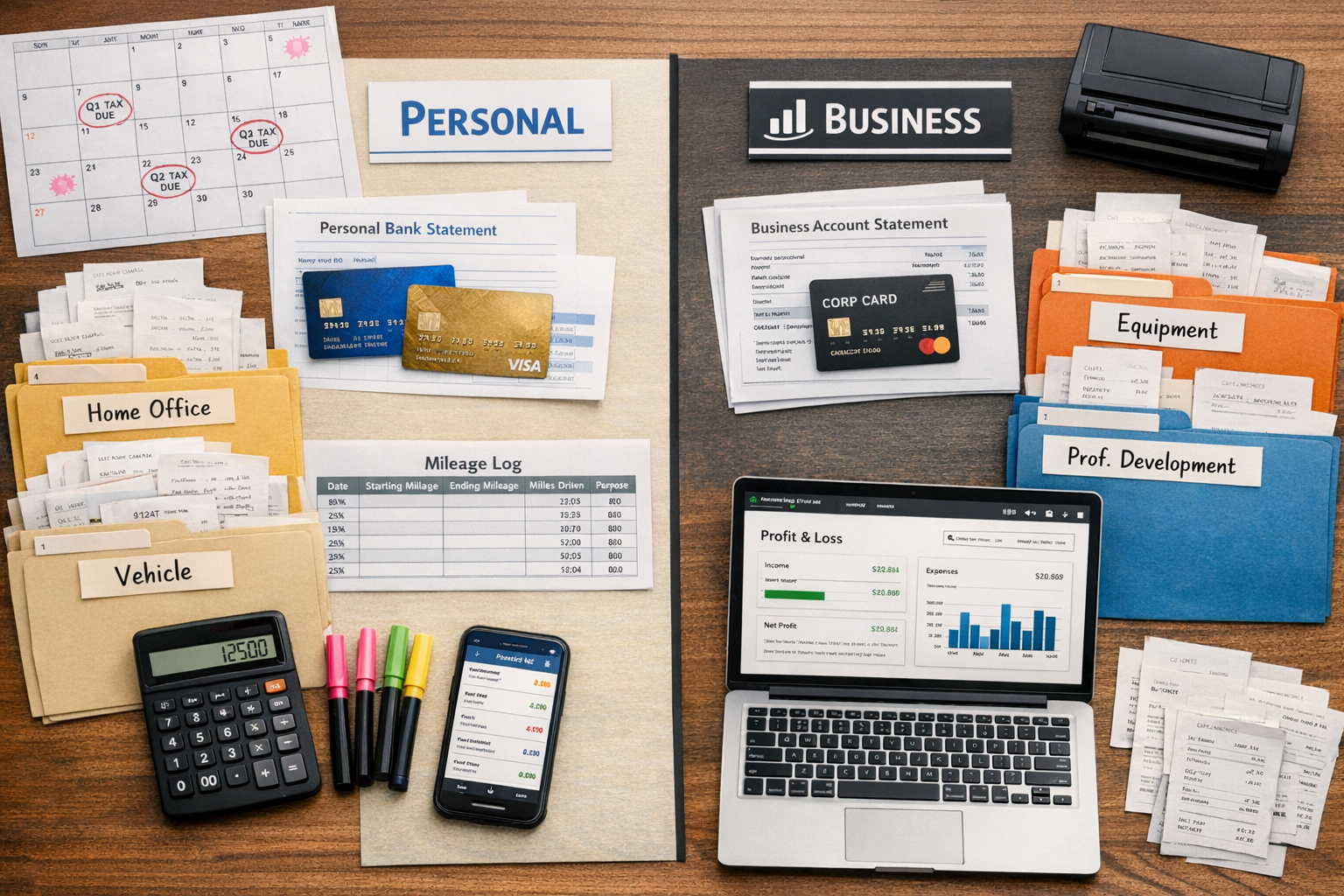 () overhead flat-lay photograph of organized business record-keeping system spread across large desk surface. Center shows