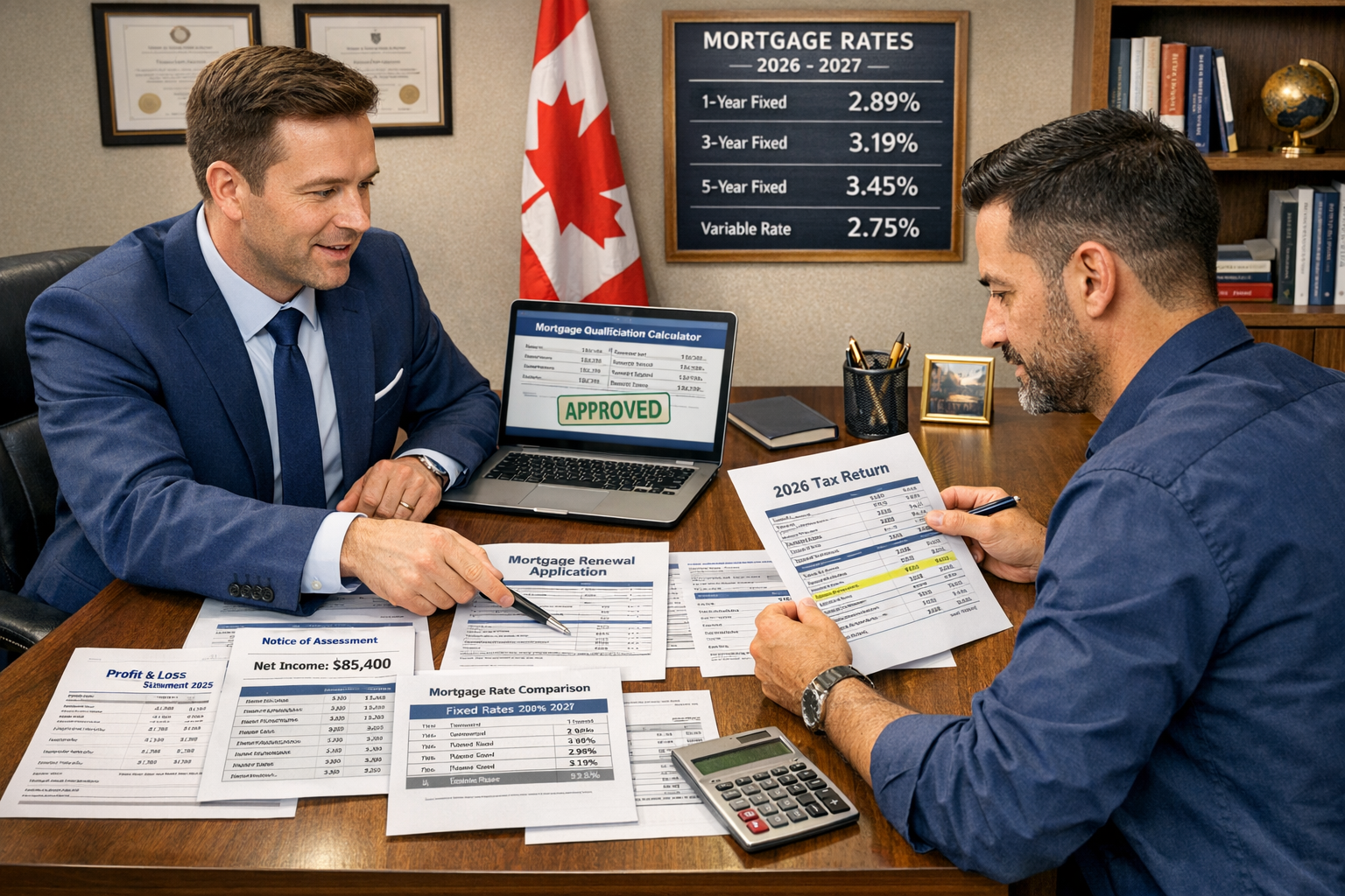 () professional consultation scene showing mortgage broker and self-employed client reviewing documents across modern office