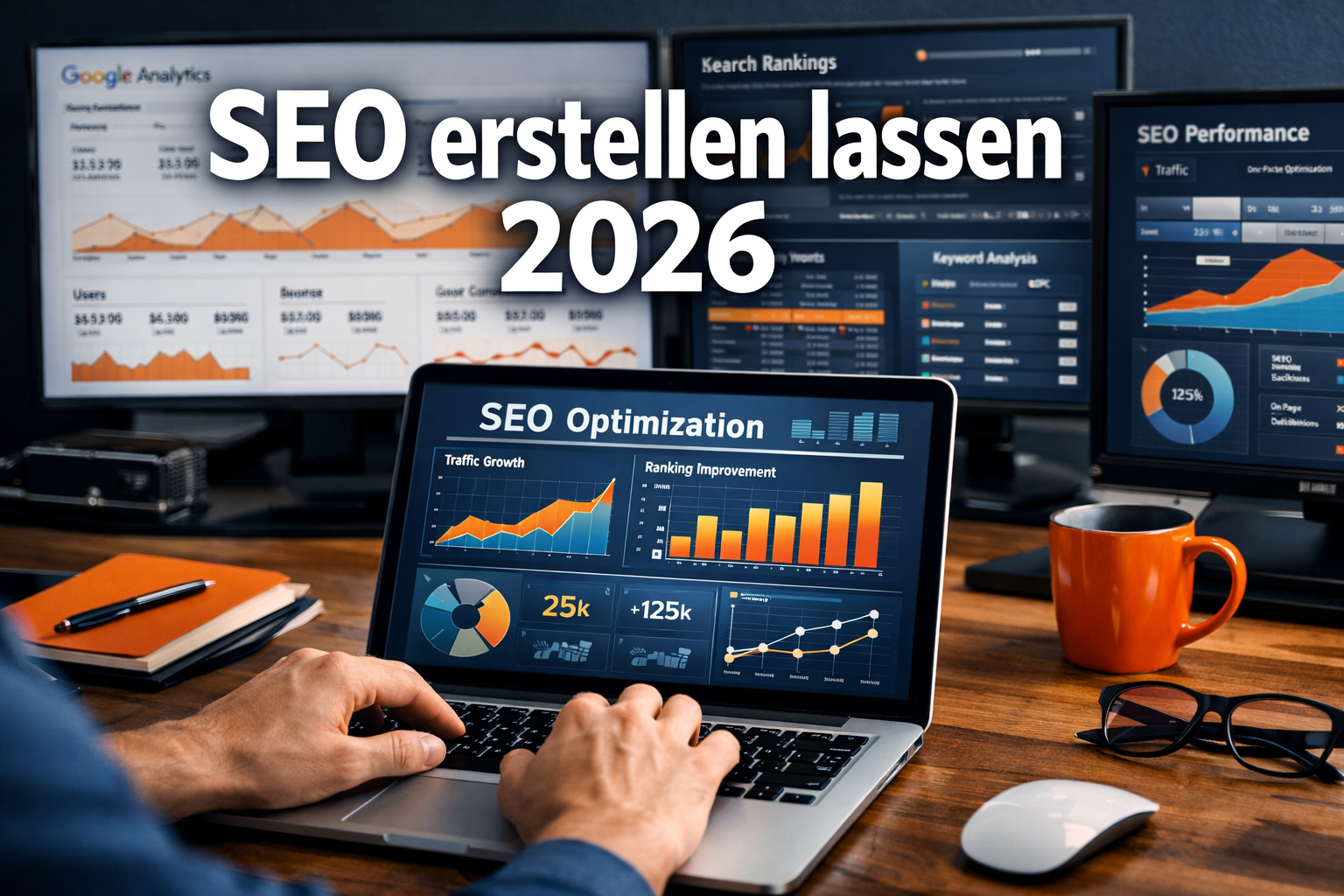 Professional landscape format (1536x1024) hero image featuring bold text overlay 'SEO erstellen lassen 2026' in extra large 72pt white sans-