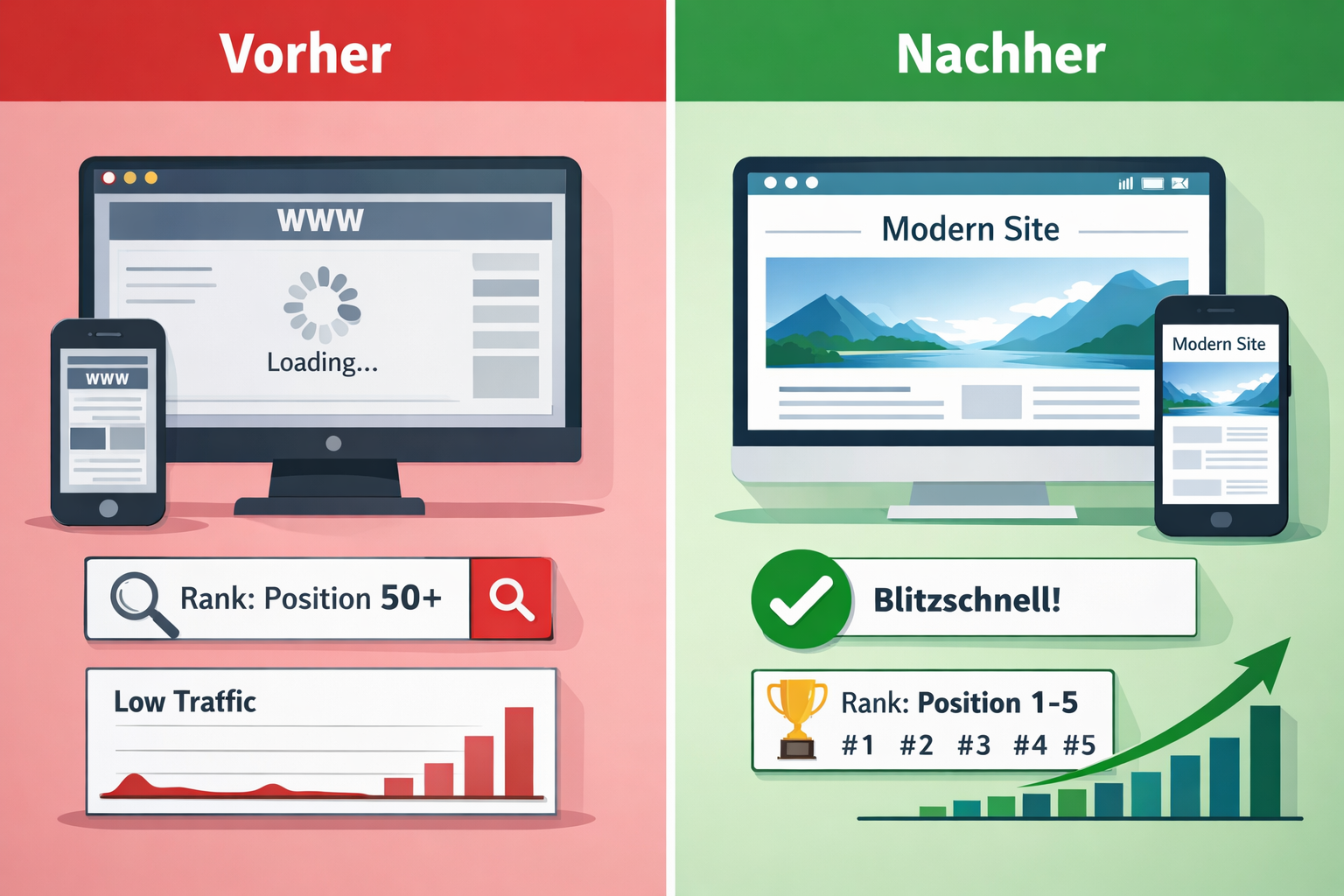 Landscape format (1536x1024) before-and-after comparison split screen showing website SEO transformation. Left side labeled 'Vorher' shows o