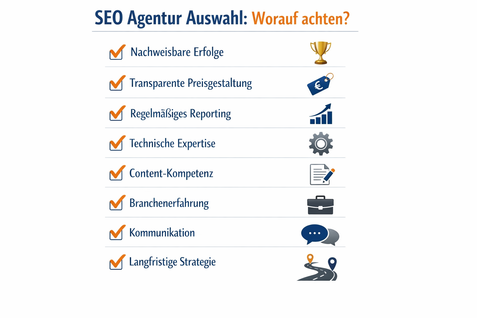 Landscape format (1536x1024) checklist infographic titled 'SEO Agentur Auswahl: Worauf achten?' showing 8 key selection criteria with checkb