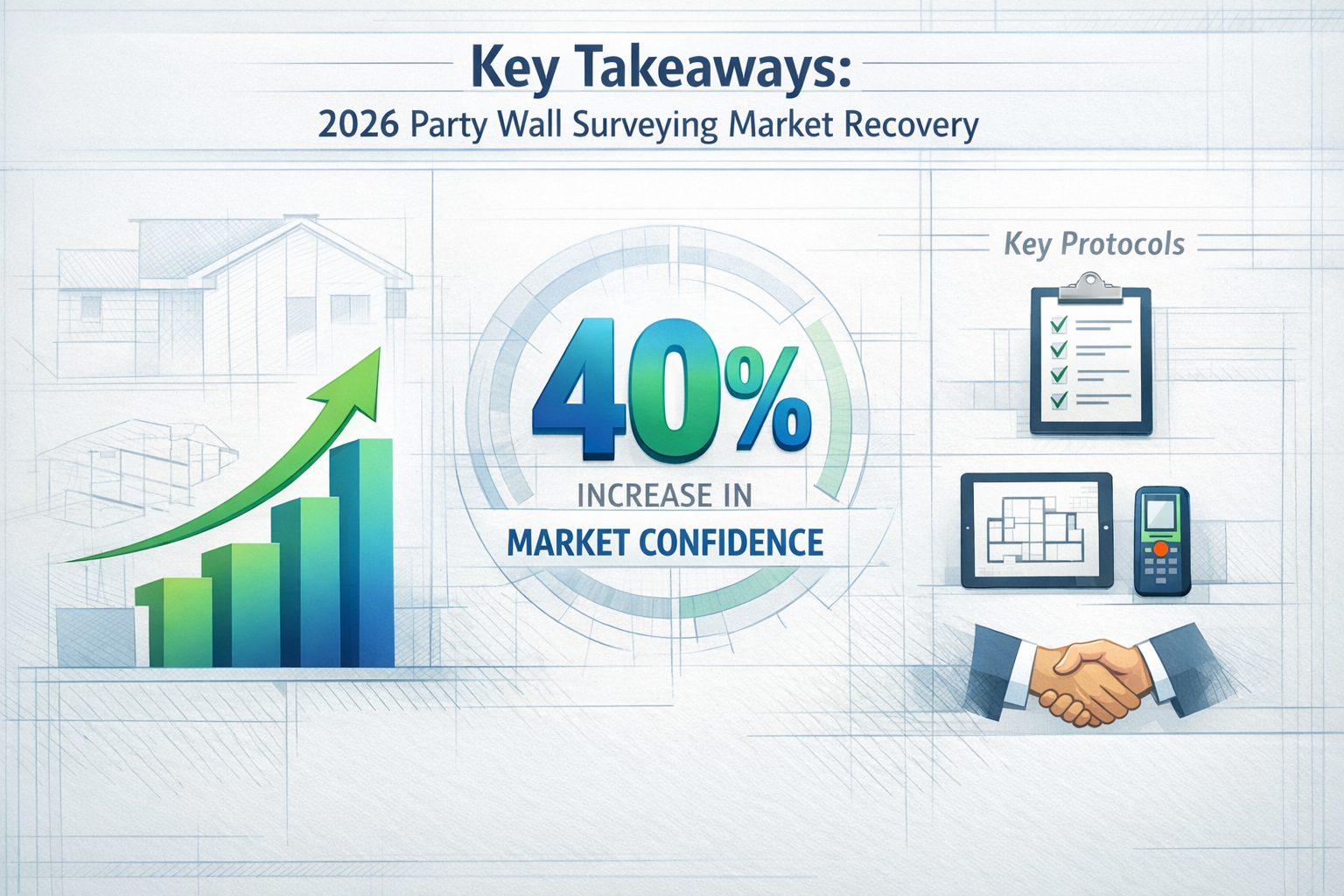 Key Takeaways section infographic visualizing 2026 party wall surveying market recovery statistics. Split-screen landscape