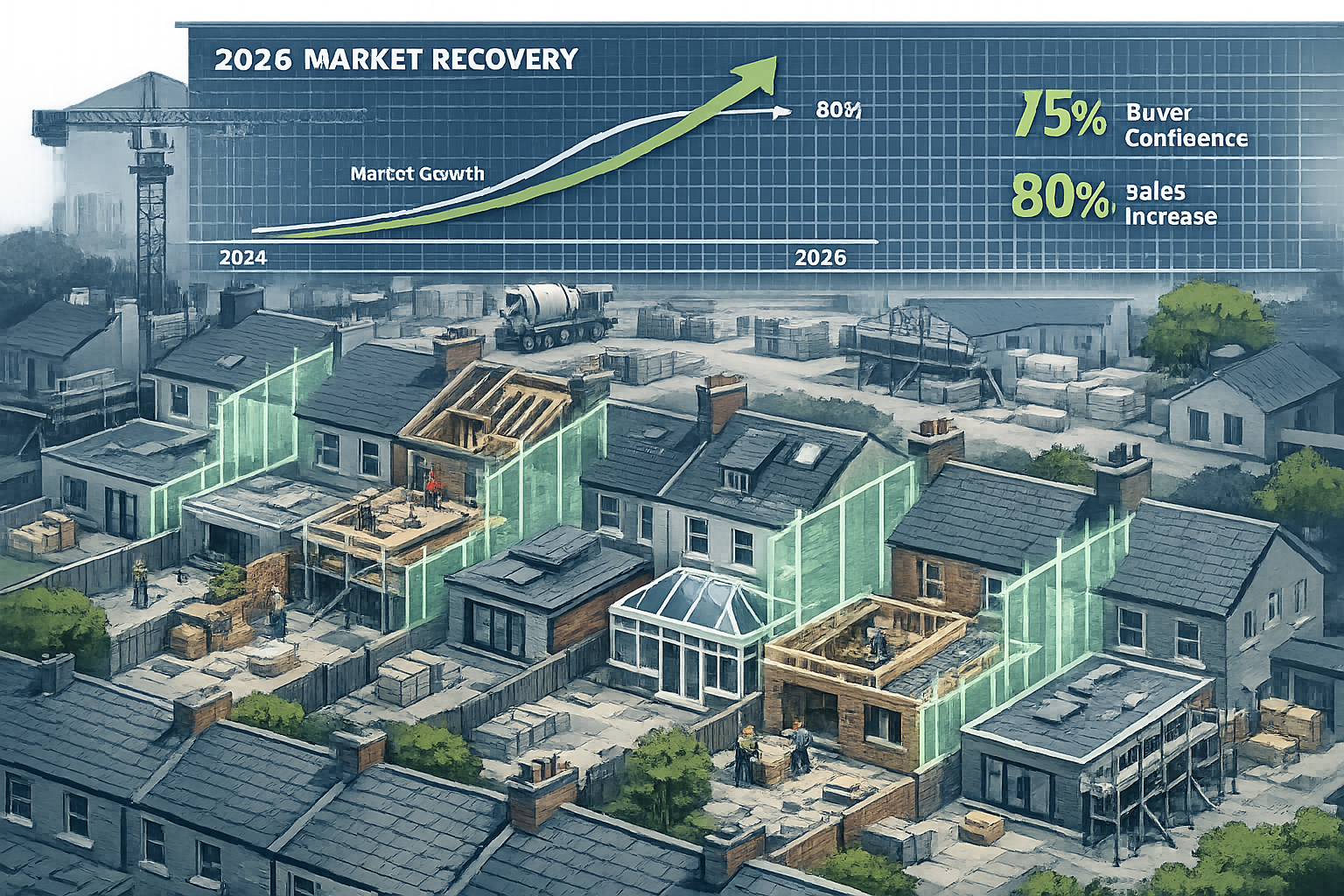 Market recovery visualization depicting urban residential landscape with multiple home extension projects in progress.