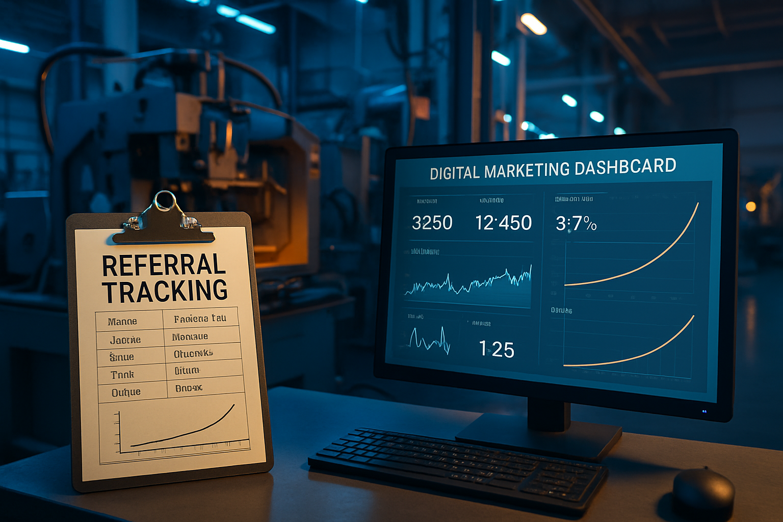 Manufacturing facility floor with outdated referral tracking system on clipboard next to modern digital marketing dashboard on computer scre