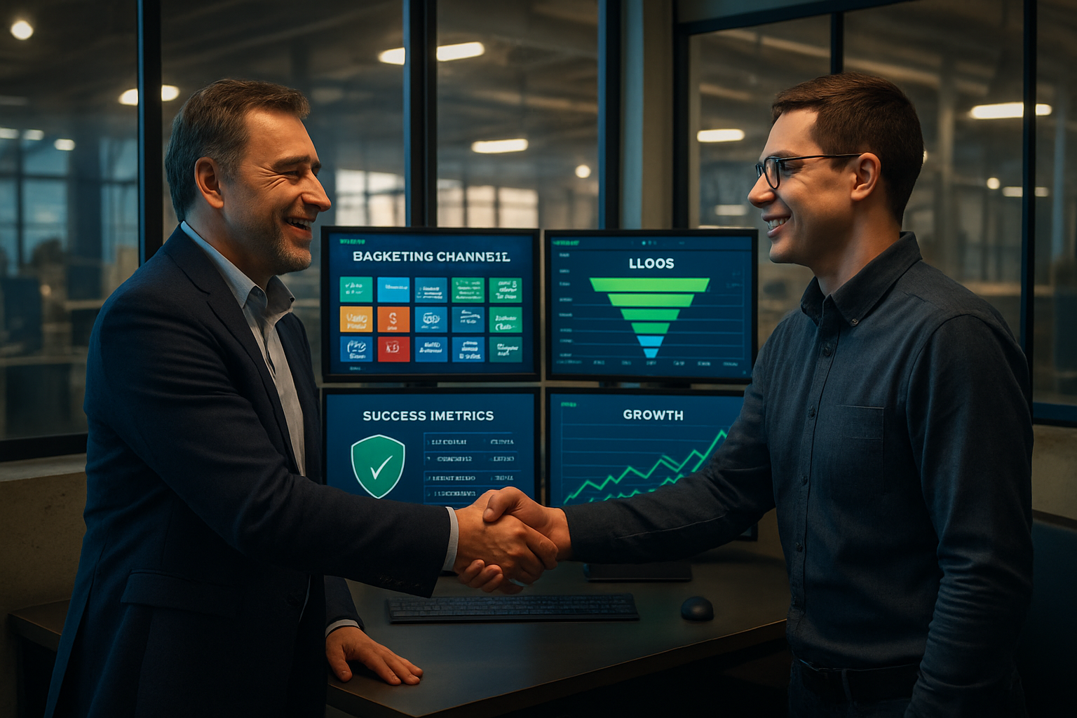 Manufacturing business owner shaking hands with MSP provider in modern industrial office, multiple computer screens showing diversified mark