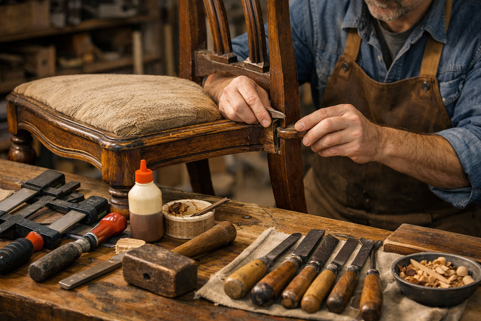 Detailed () image illustrating the initial assessment and repair phase of vintage furniture. The image features a close-up