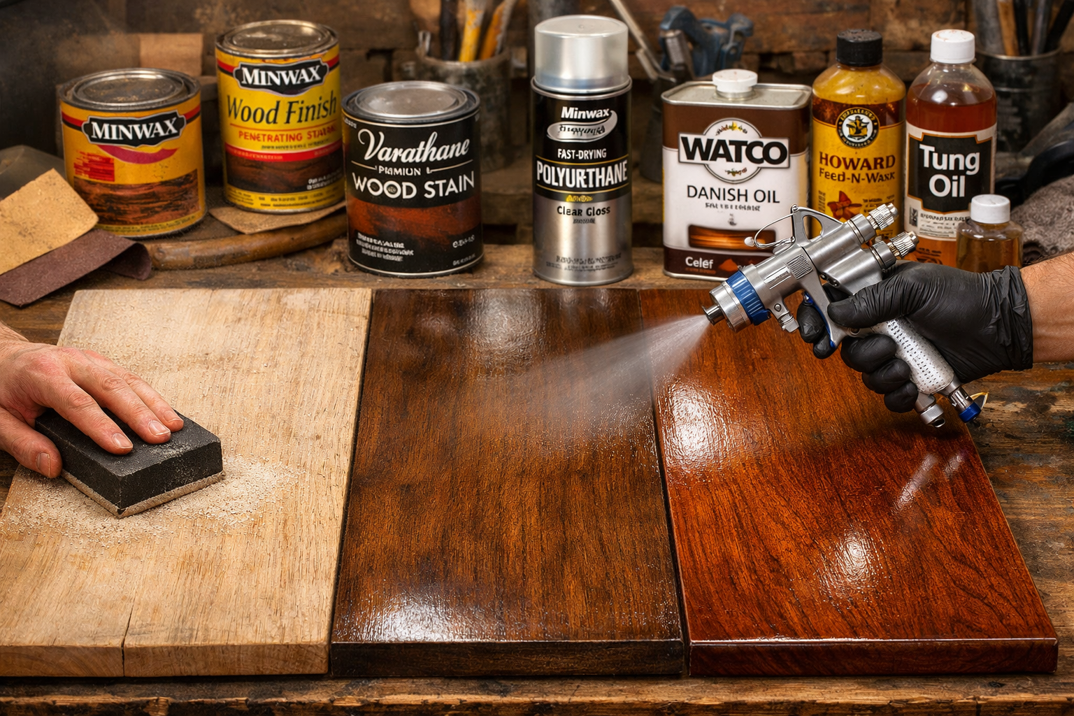 Detailed () image showcasing diverse wood refinishing techniques. The scene features three distinct wooden surfaces