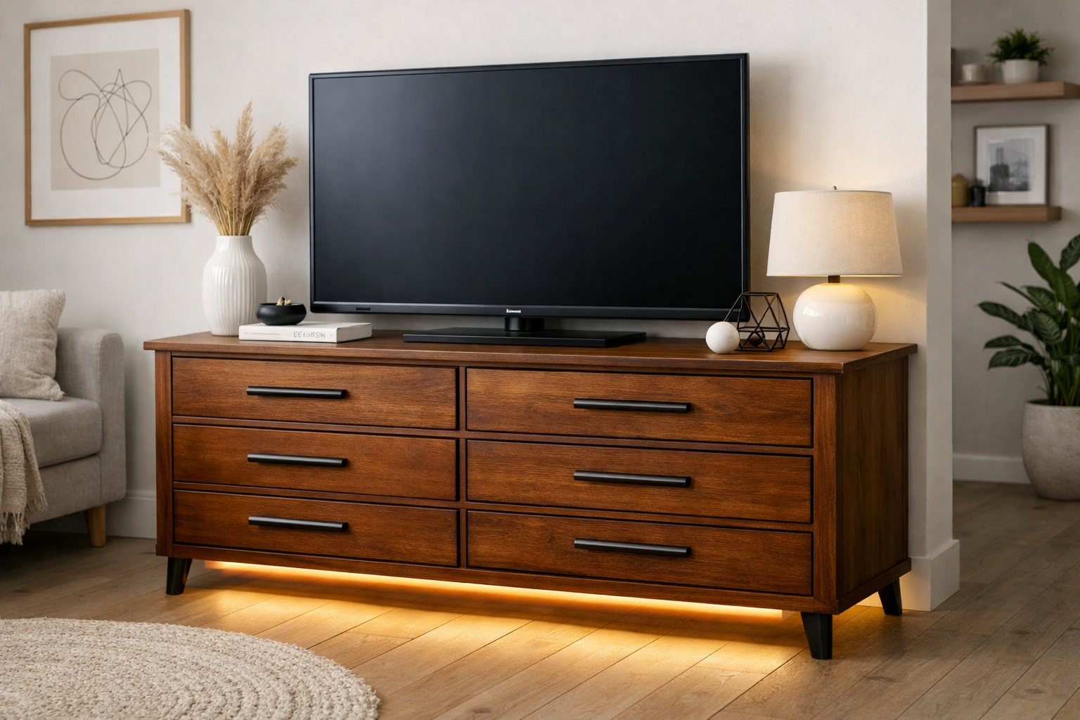 Detailed () image depicting the modernization and repurposing of a vintage wooden chest of drawers into a contemporary TV
