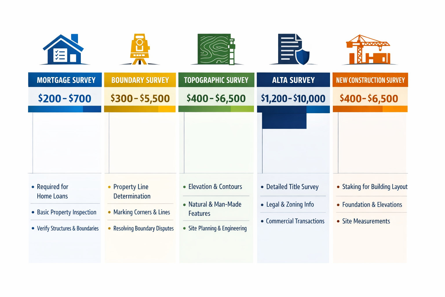 Detailed landscape format (1536x1024) infographic showing breakdown of different land survey types with pricing tiers. Visual includes five
